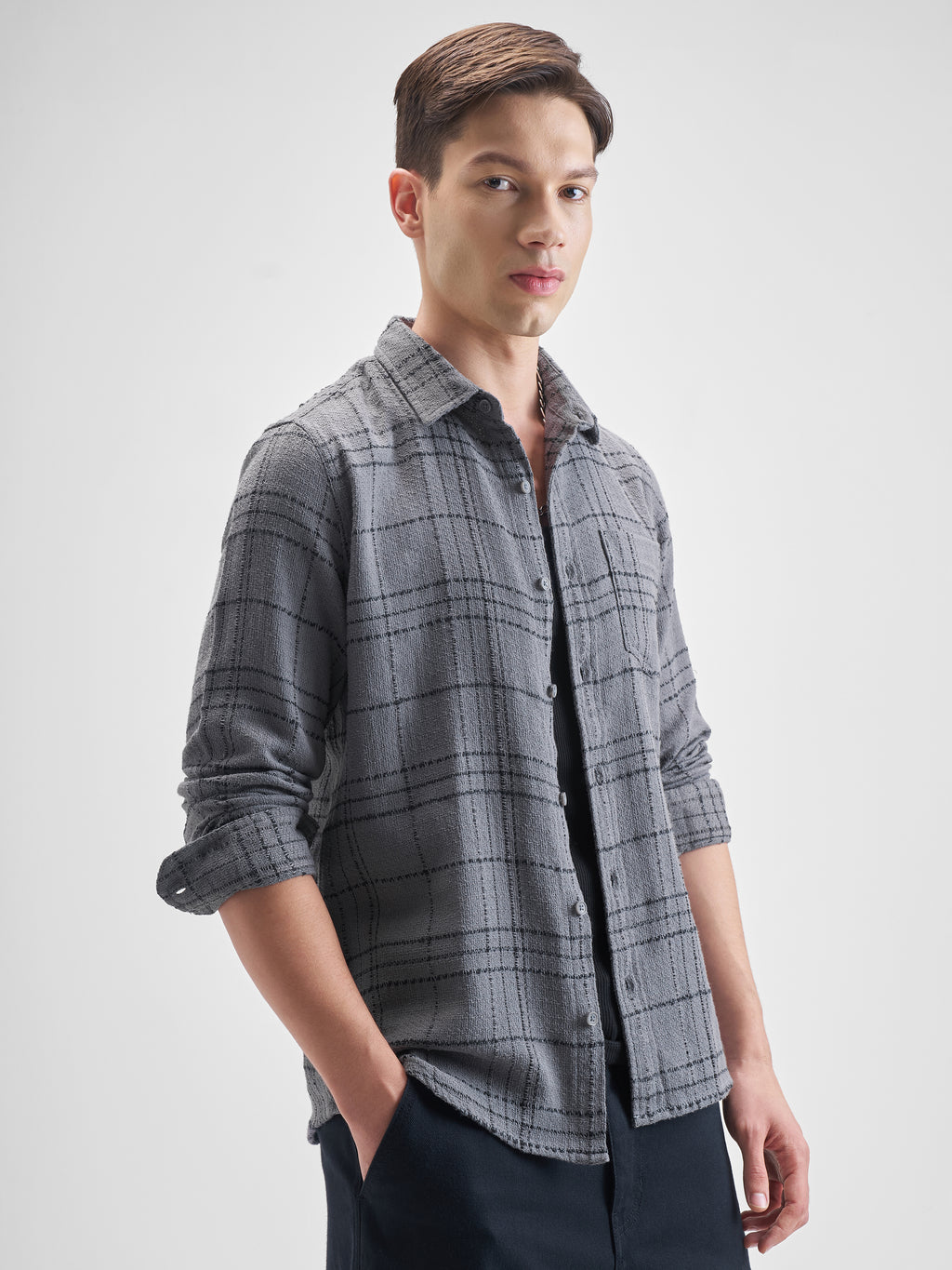 Highlander Men Grey Checked Slim Fit Casual Shirt - Grey - Image 6