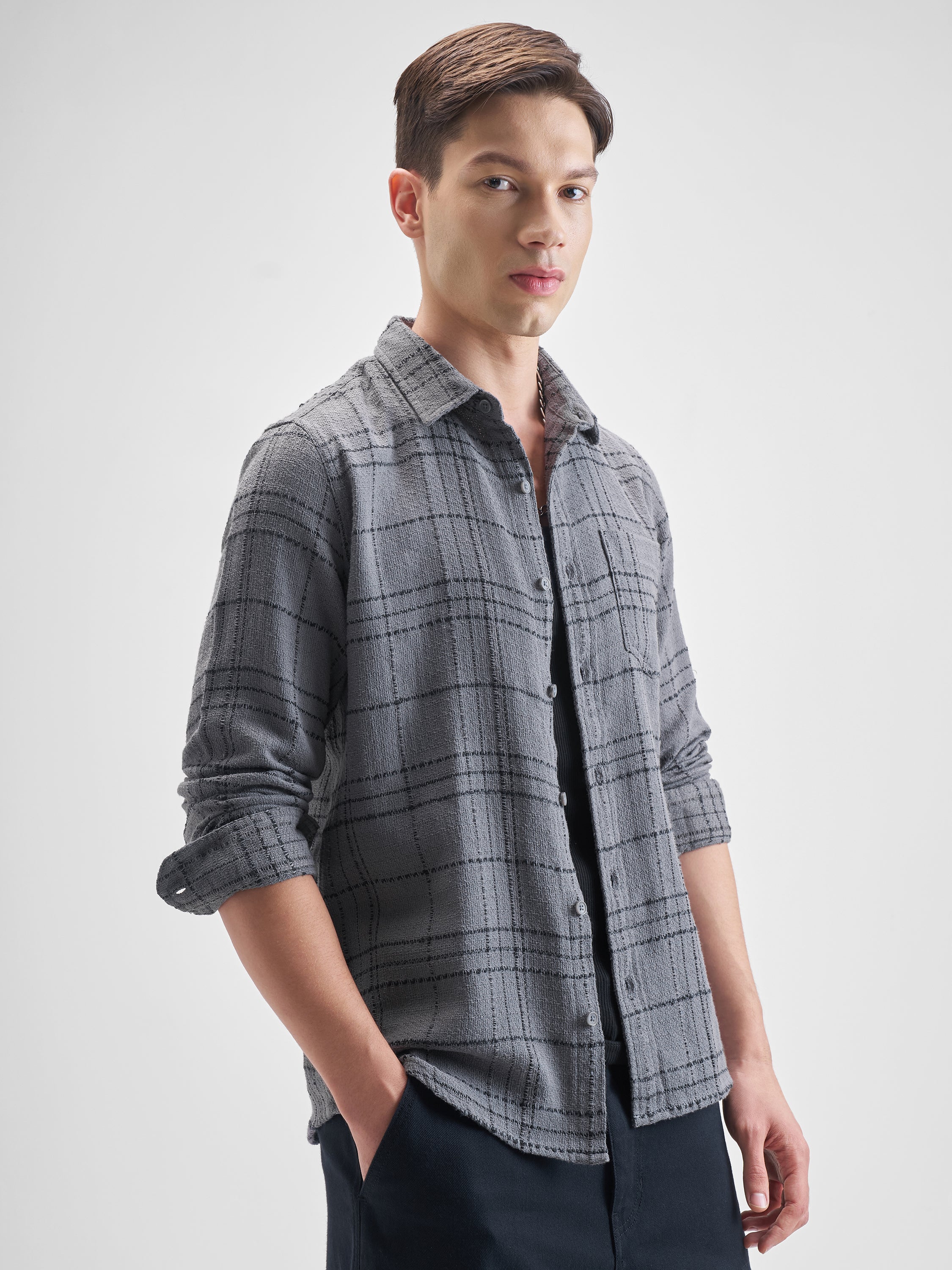 Highlander Men Grey Checked Slim Fit Casual Shirt - Grey - Image 6