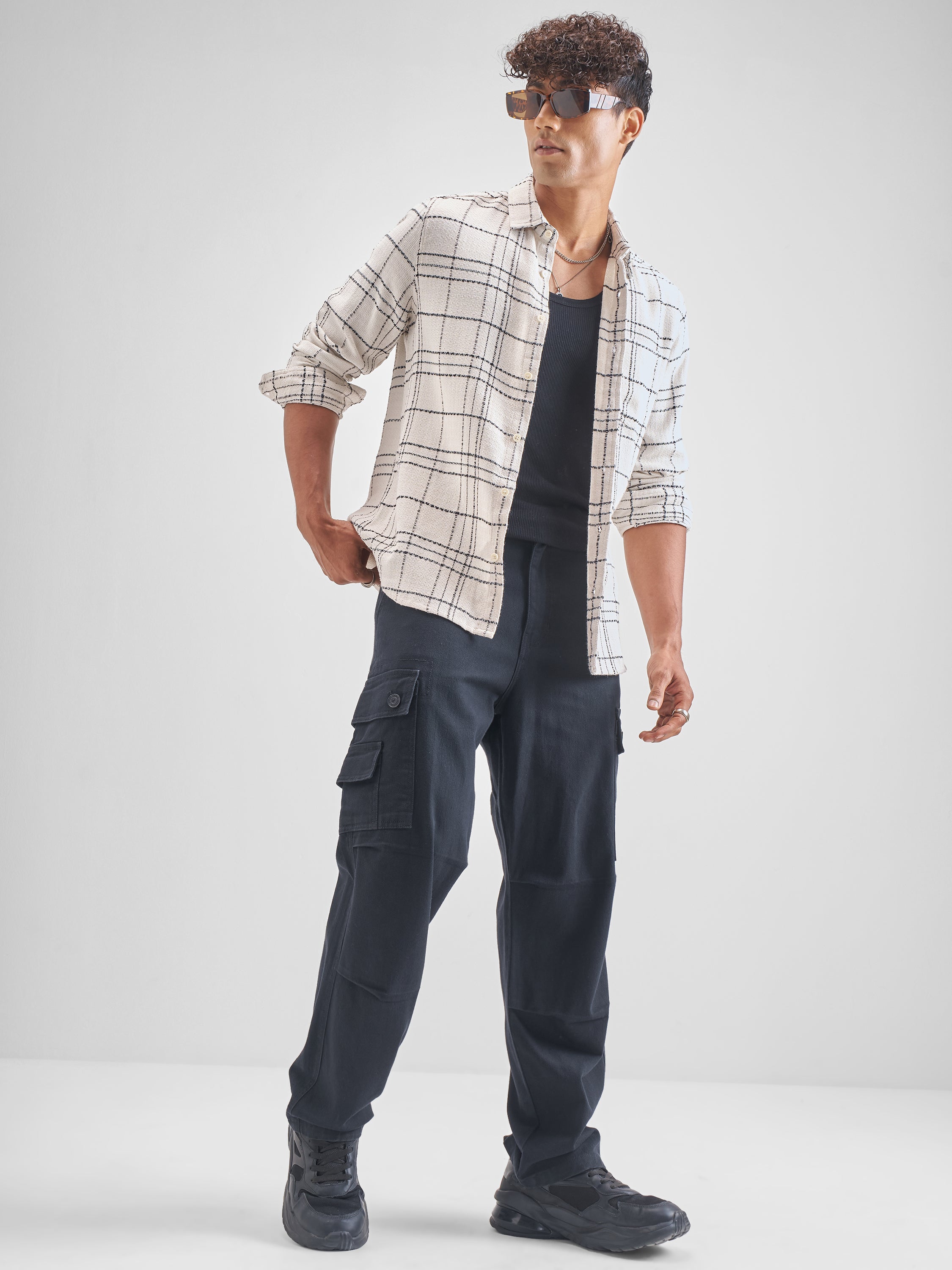 Highlander Men Off White Checked Slim Fit Casual Shirt - Off White - Image 2