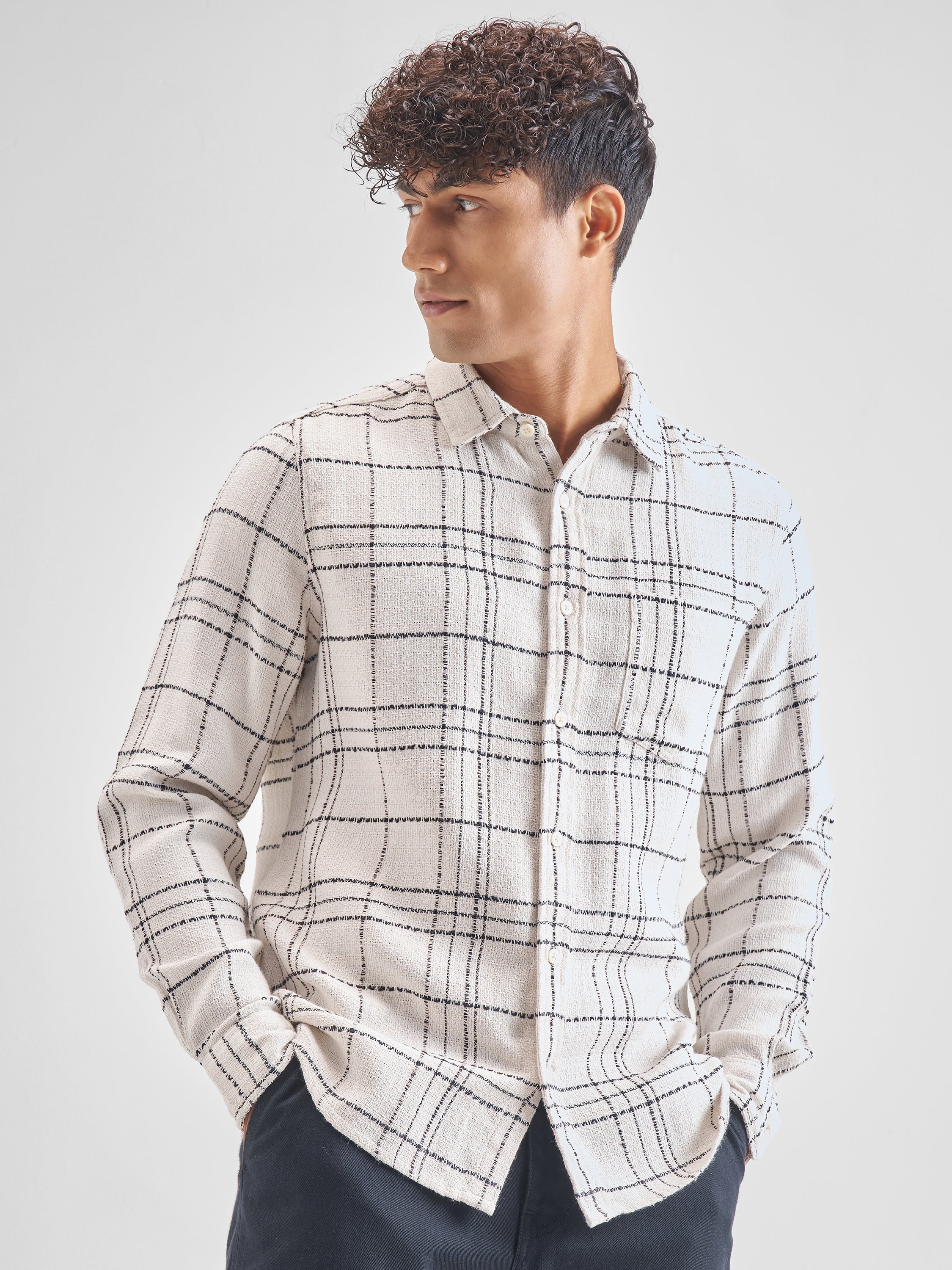 Highlander Men Off White Checked Slim Fit Casual Shirt - Off White - Image 6