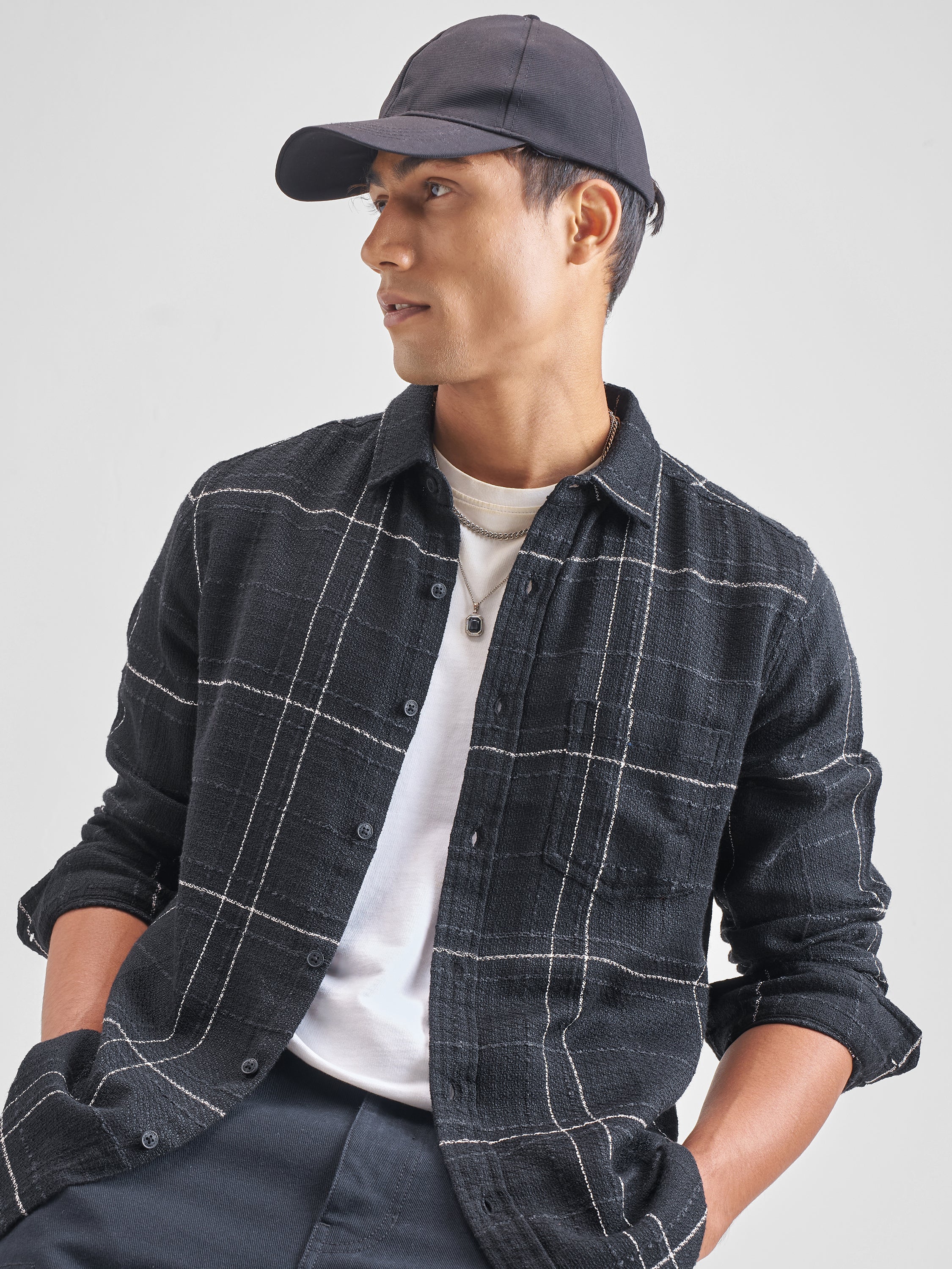 Highlander Men Black Checked Slim Fit Casual Shirt - Black - Image 1
