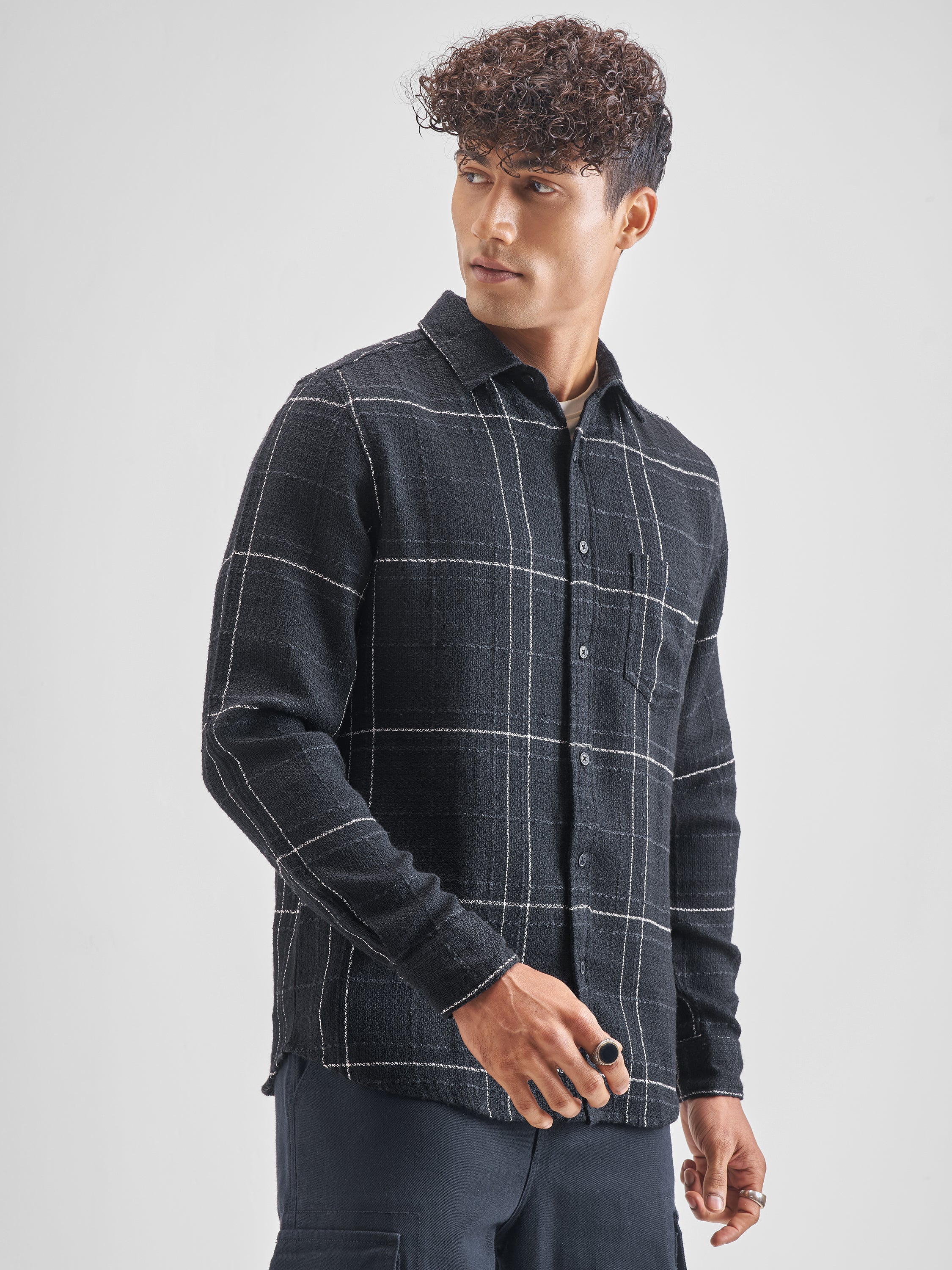 Highlander Men Black Checked Slim Fit Casual Shirt - Black - Image 6