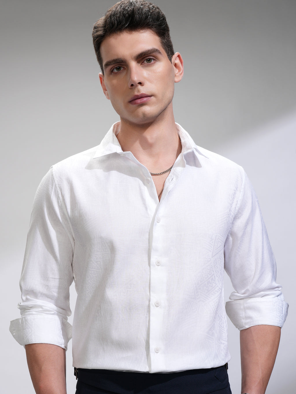 Highlander Men White Self Design Slim Fit Casual Shirt - White - Image 1