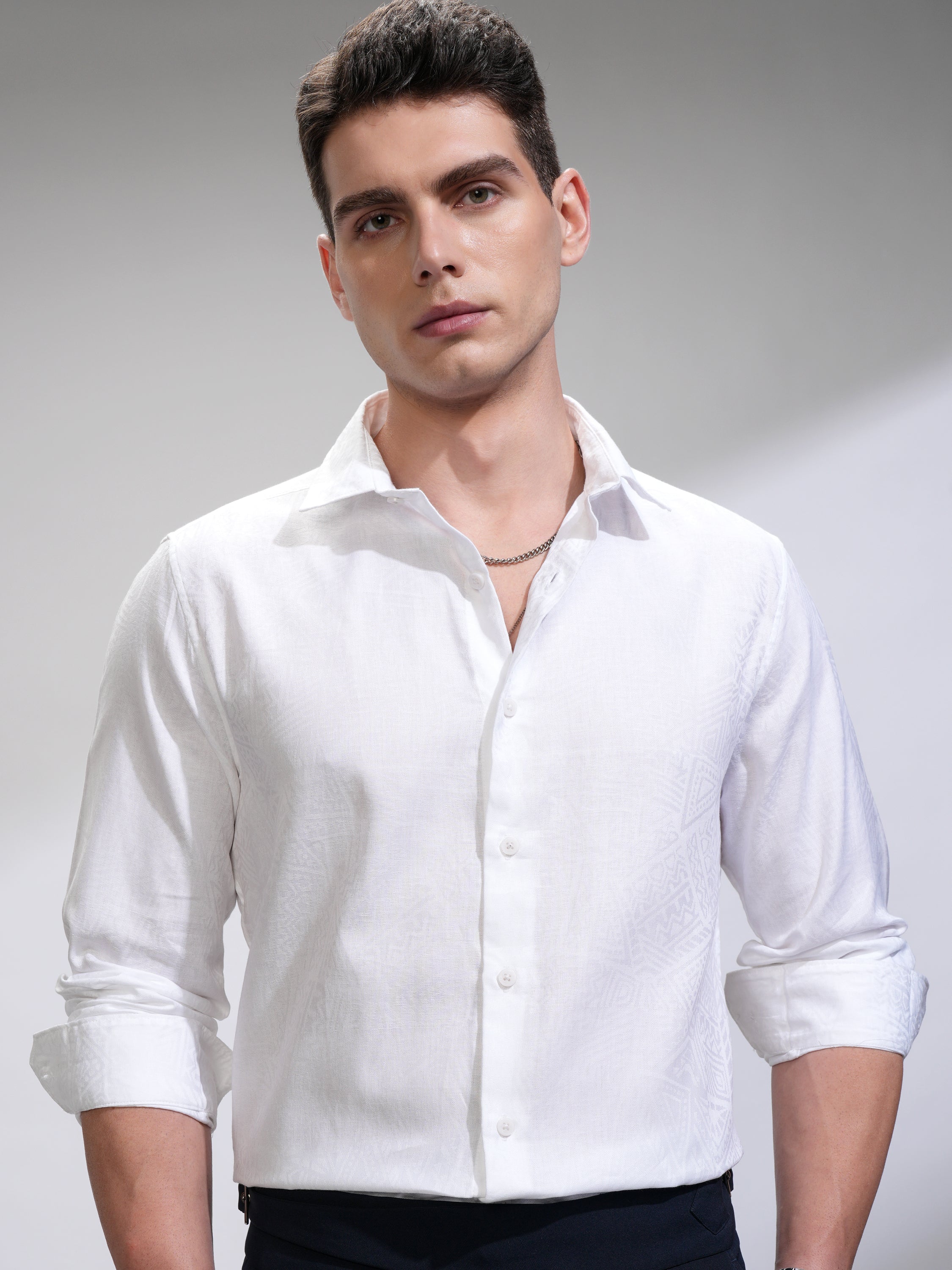 Highlander Men White Self Design Slim Fit Casual Shirt - White - Image 1
