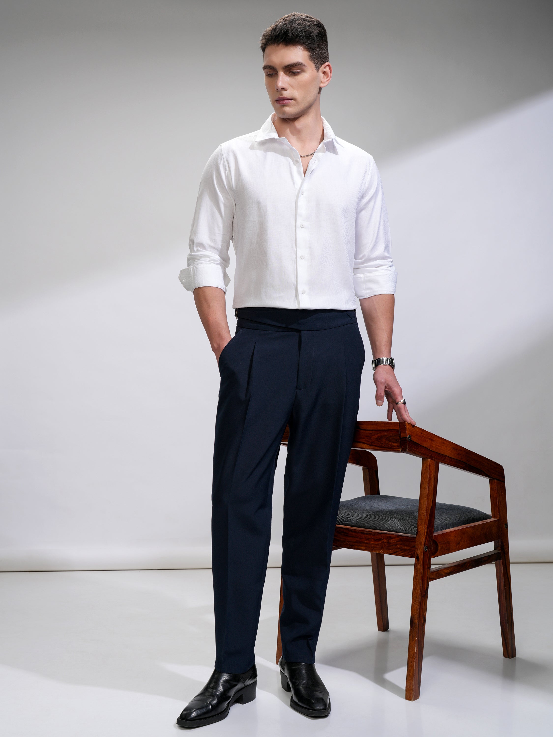 Highlander Men White Self Design Slim Fit Casual Shirt - White - Image 2