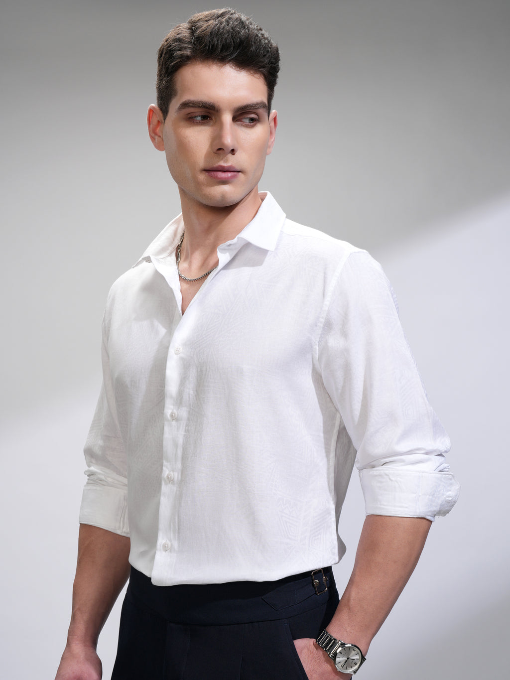 Highlander Men White Self Design Slim Fit Casual Shirt - White - Image 4