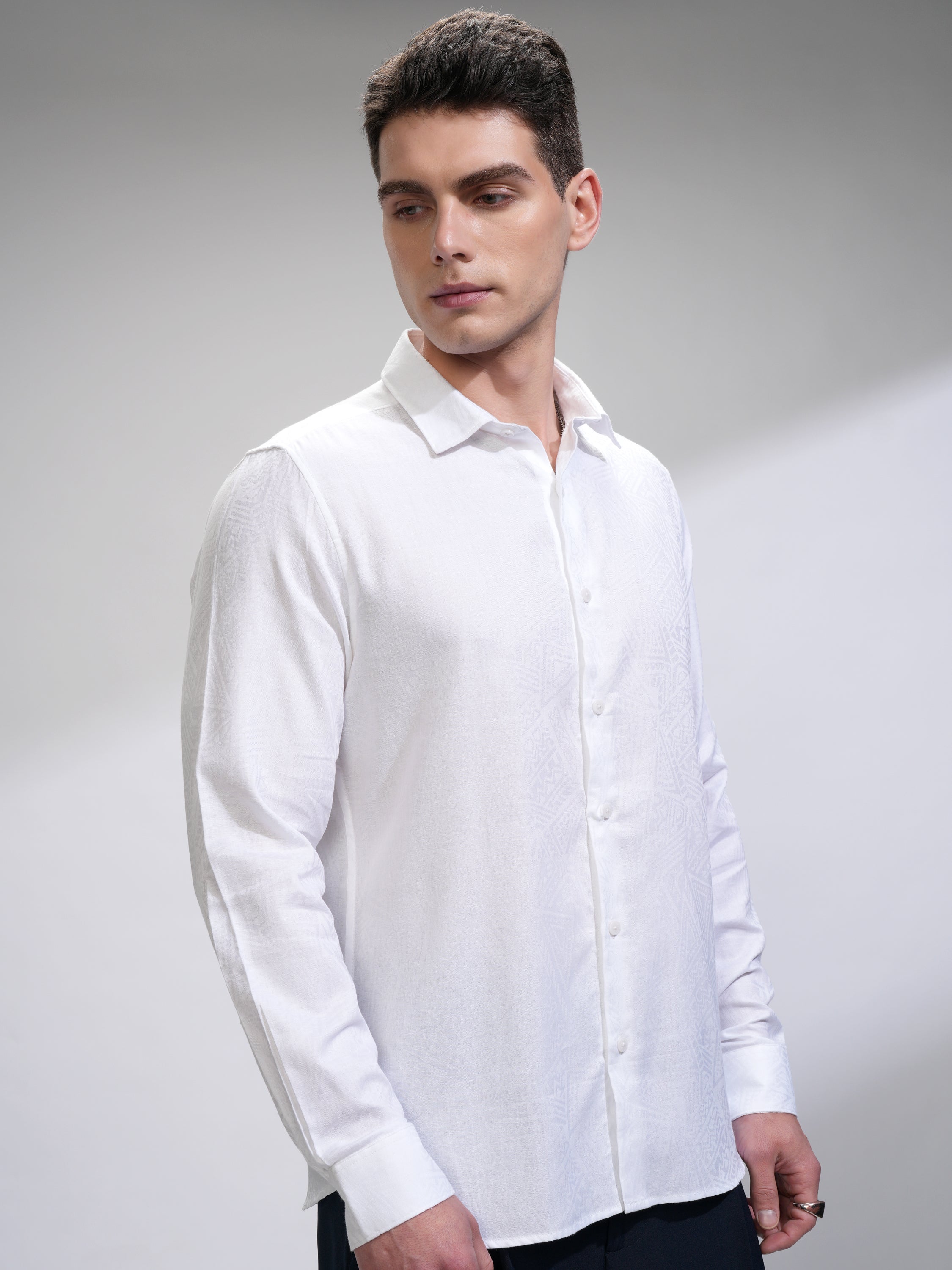 Highlander Men White Self Design Slim Fit Casual Shirt - White - Image 6