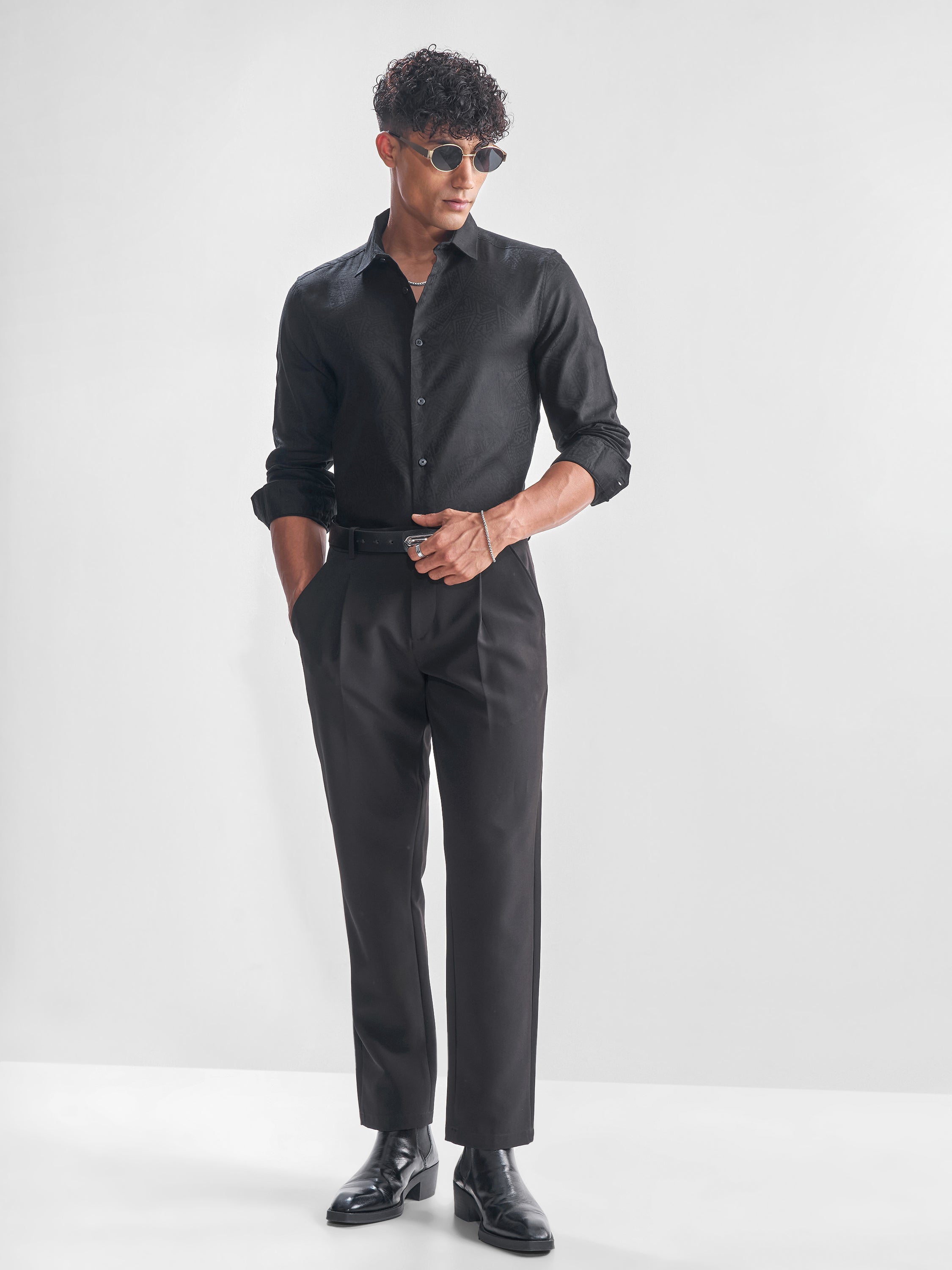 Highlander Men Black Self Design Slim Fit Casual Shirt - Black - Image 2