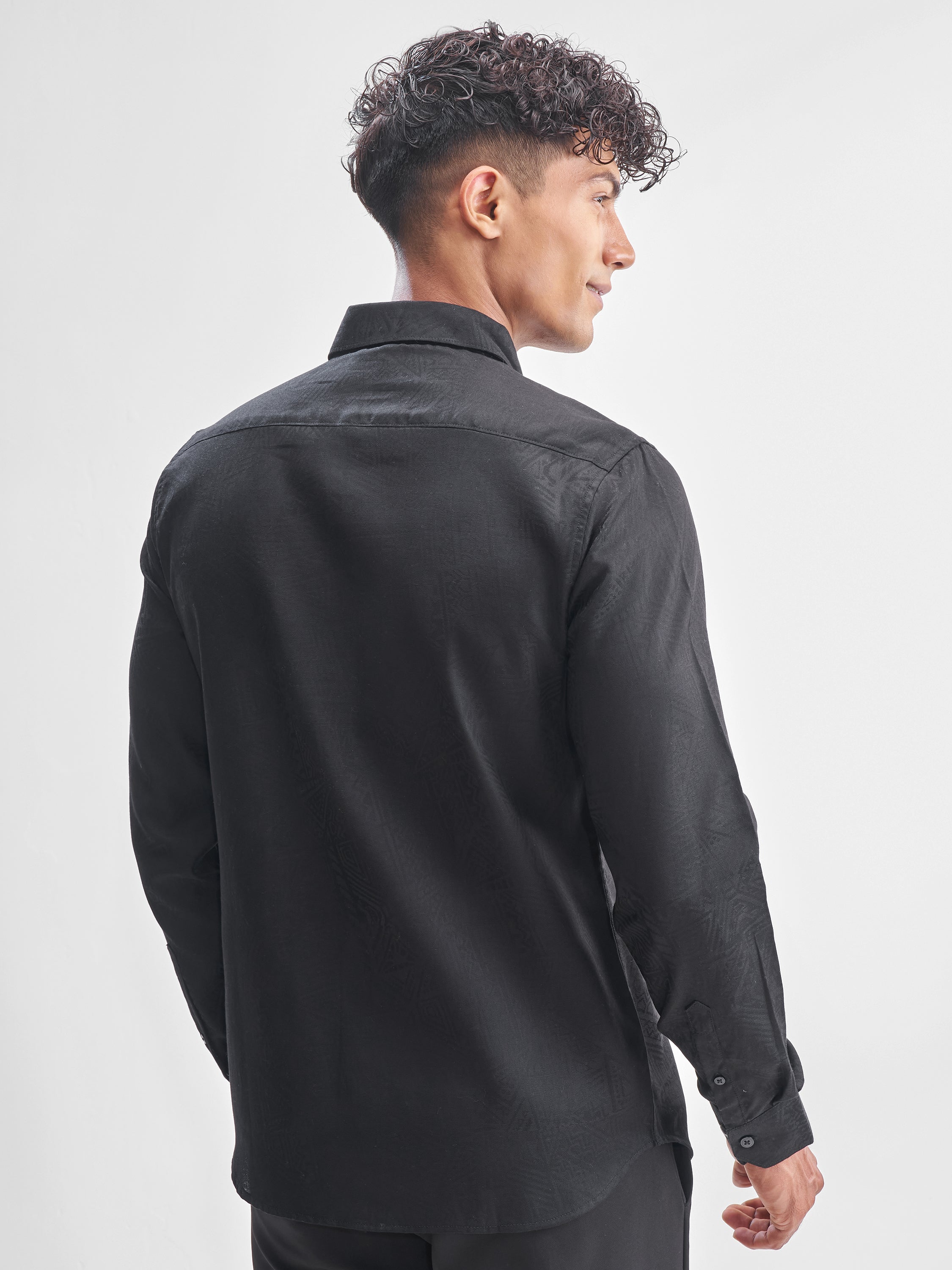 Highlander Men Black Self Design Slim Fit Casual Shirt - Black - Image 3