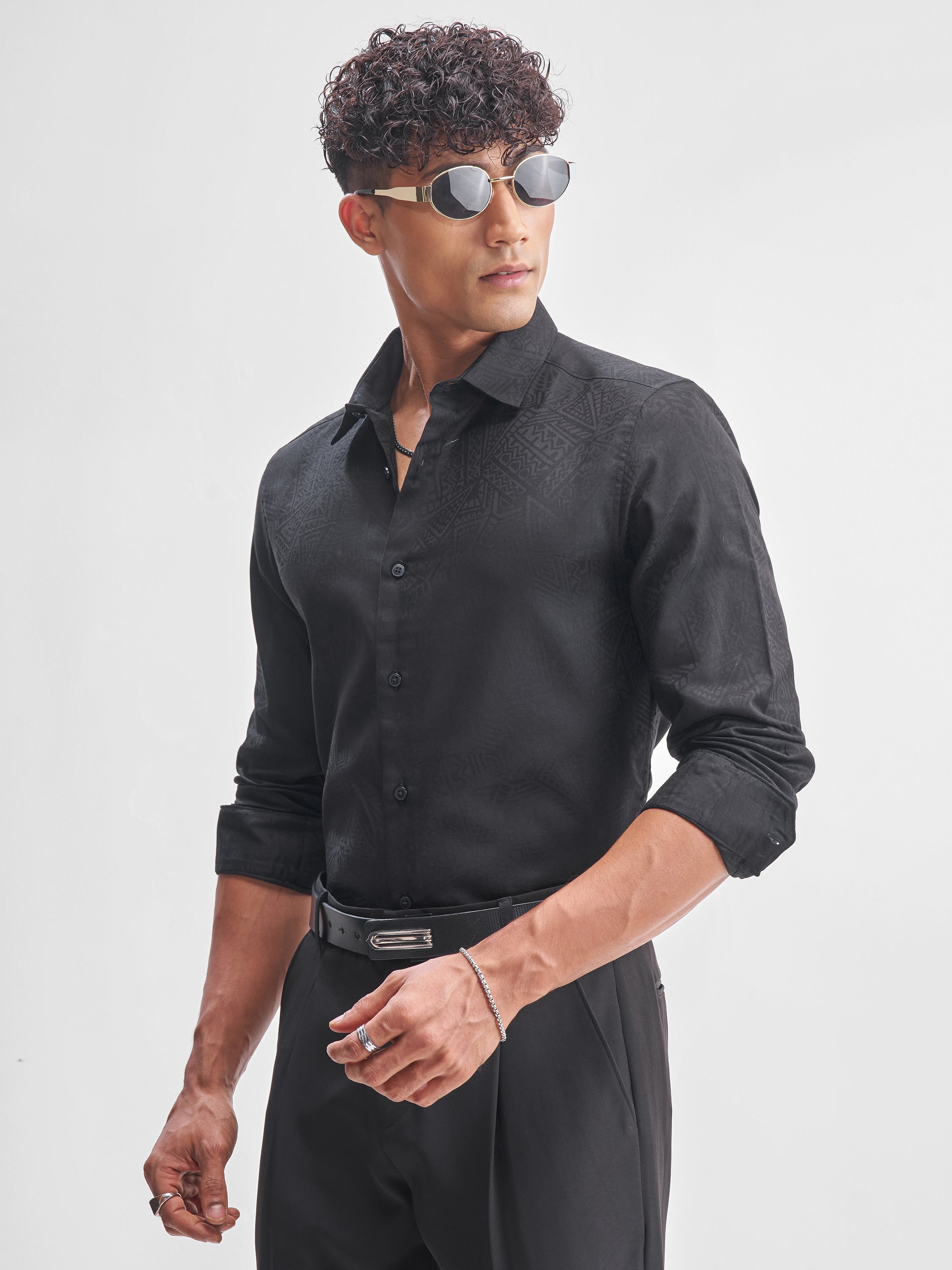 Highlander Men Black Self Design Slim Fit Casual Shirt - Black - Image 4