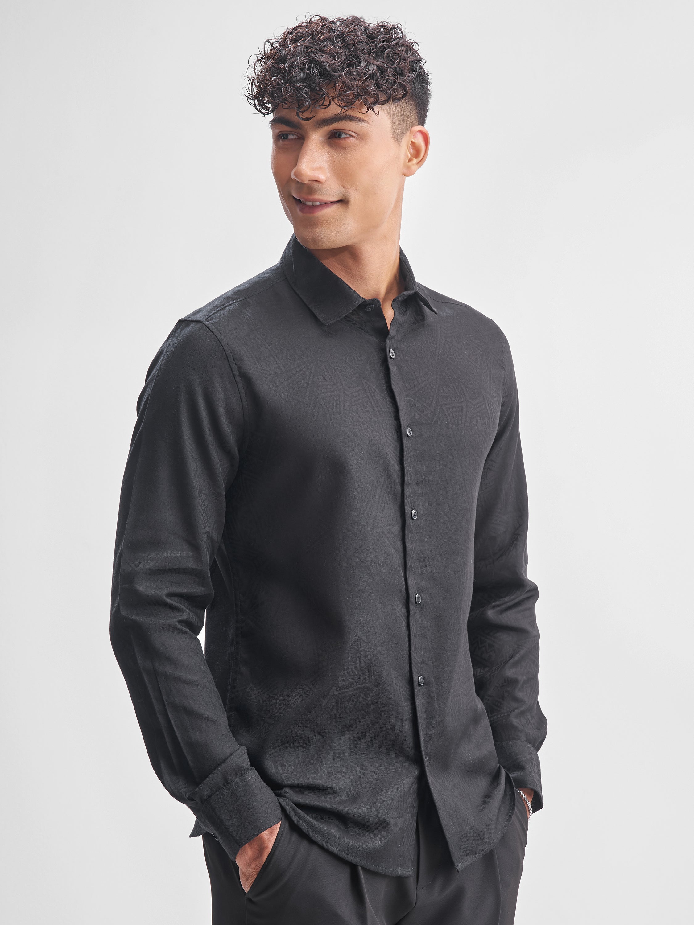 Highlander Men Black Self Design Slim Fit Casual Shirt - Black - Image 6