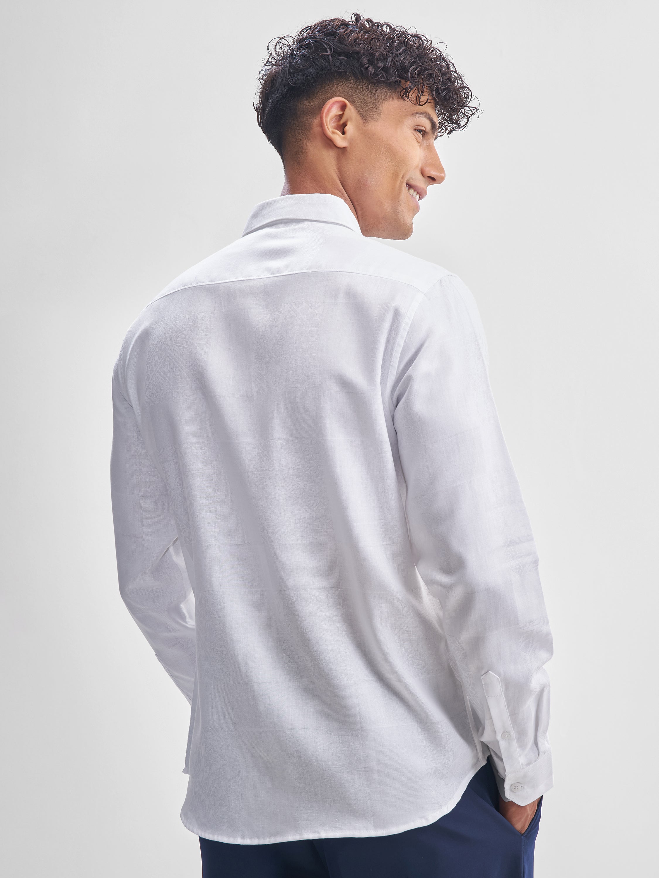 Highlander Men White Self Design Slim Fit Casual Shirt - White - Image 3
