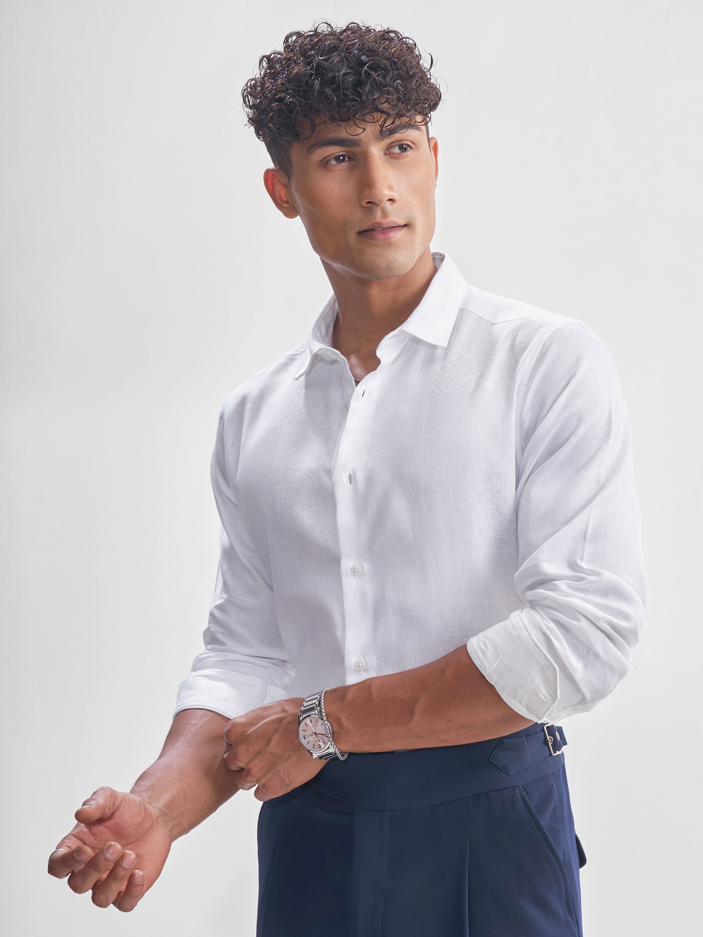 Highlander Men White Self Design Slim Fit Casual Shirt - White - Image 4