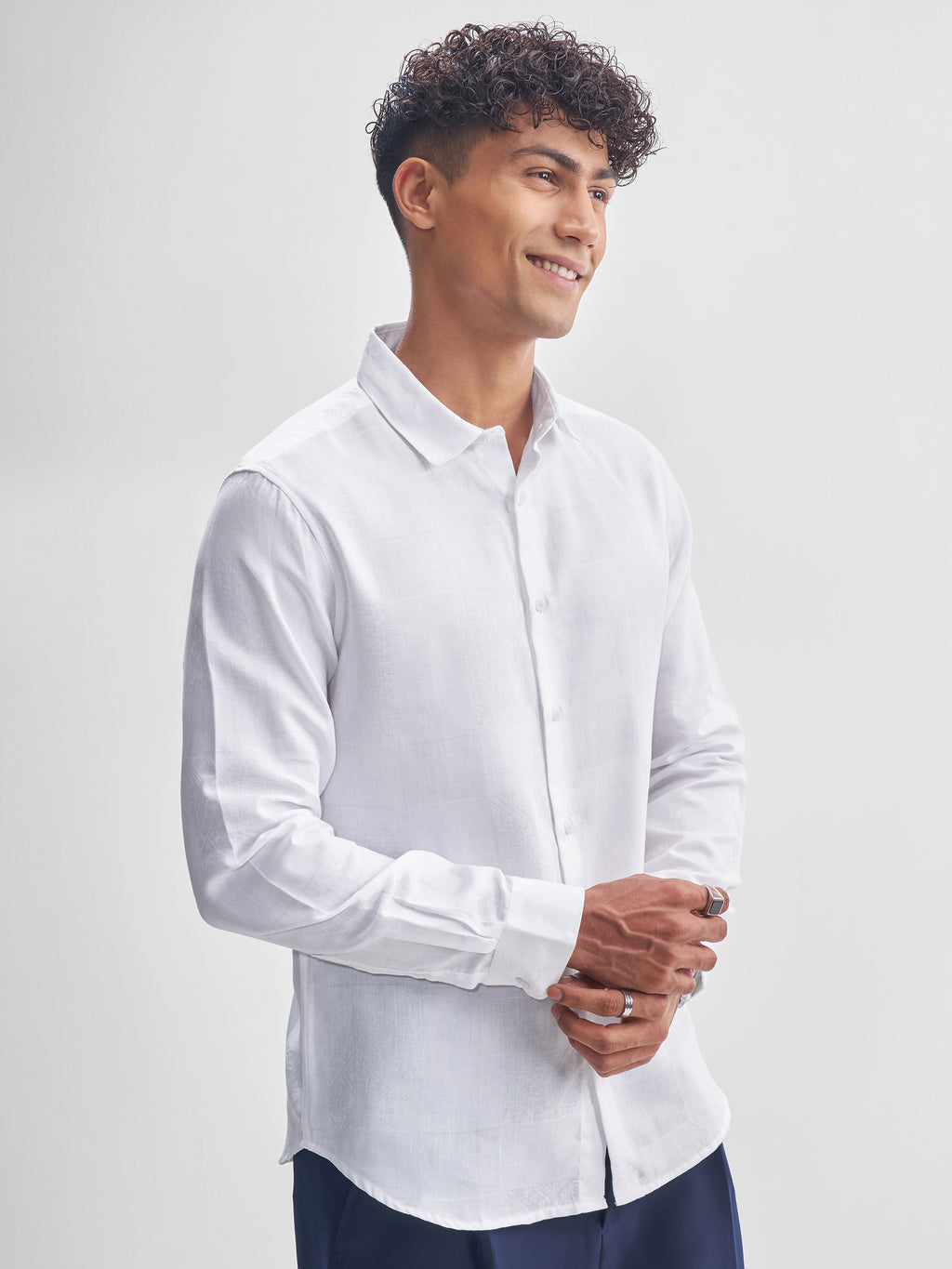 Highlander Men White Self Design Slim Fit Casual Shirt - White - Image 6
