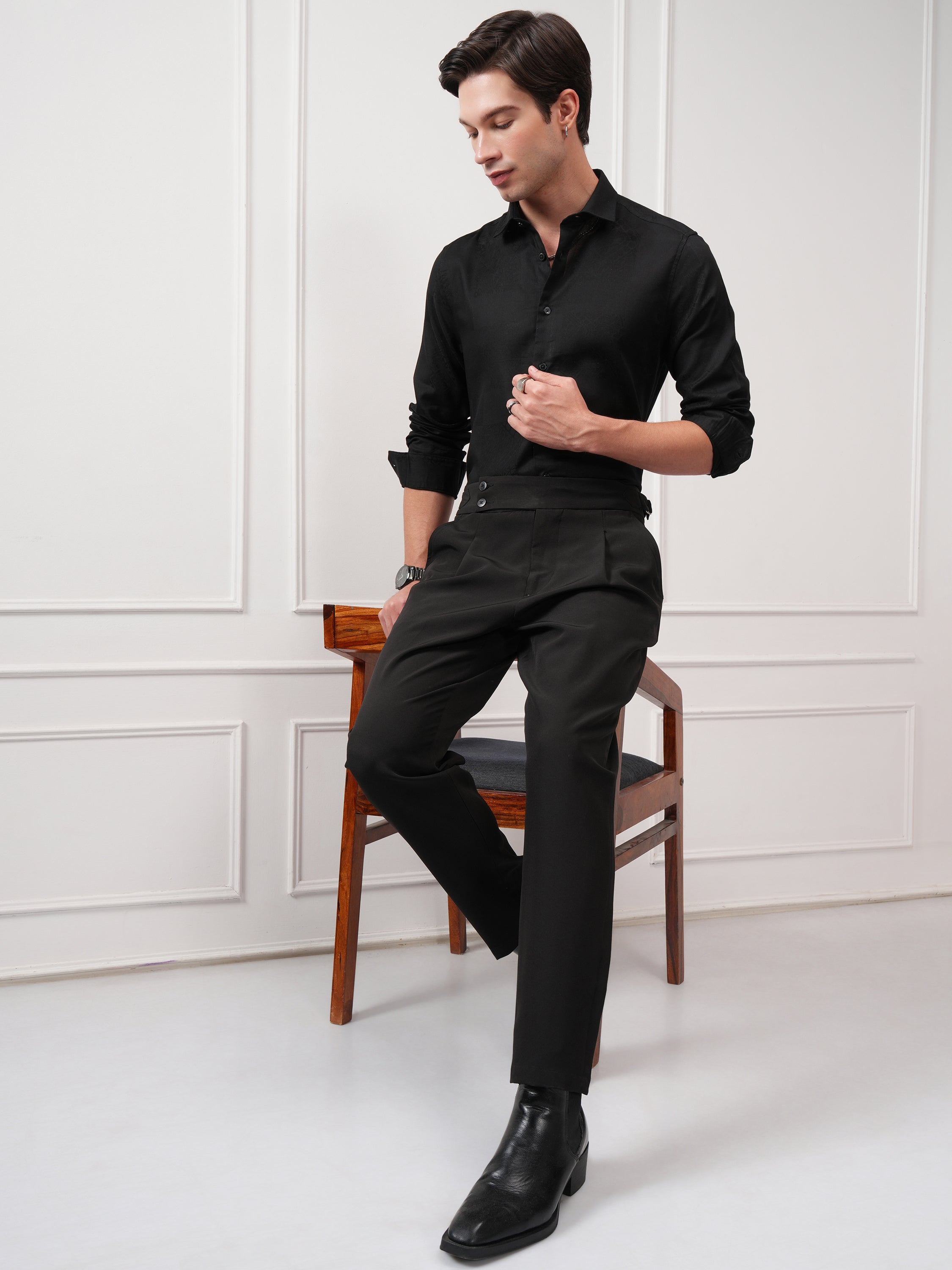 Highlander Men Black Self Design Slim Fit Casual Shirt - Black - Image 2
