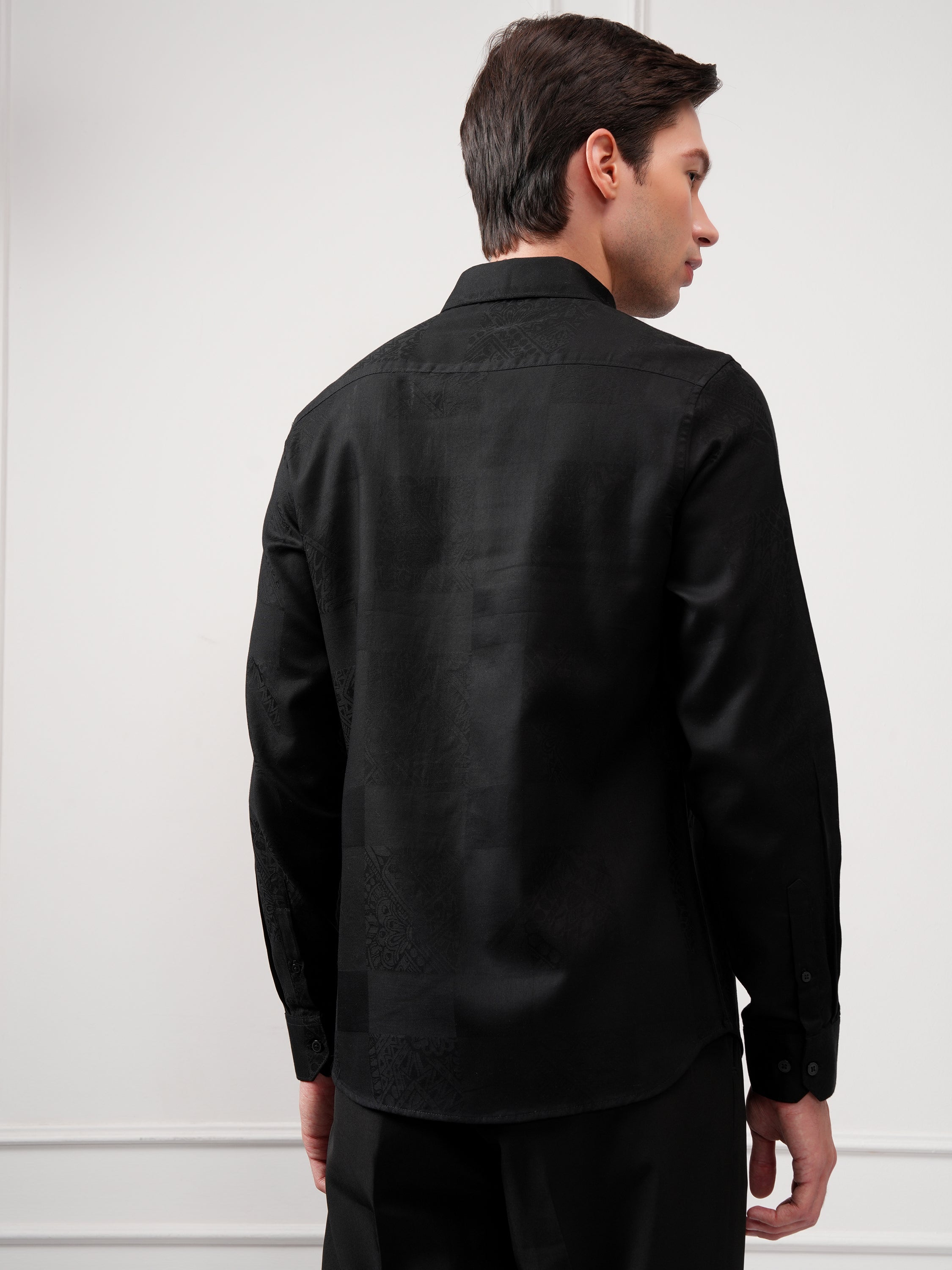Highlander Men Black Self Design Slim Fit Casual Shirt - Black - Image 3