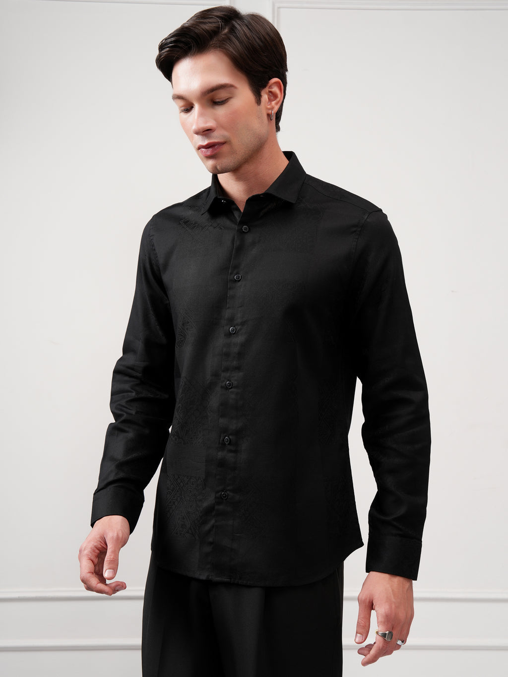 Highlander Men Black Self Design Slim Fit Casual Shirt - Black - Image 4