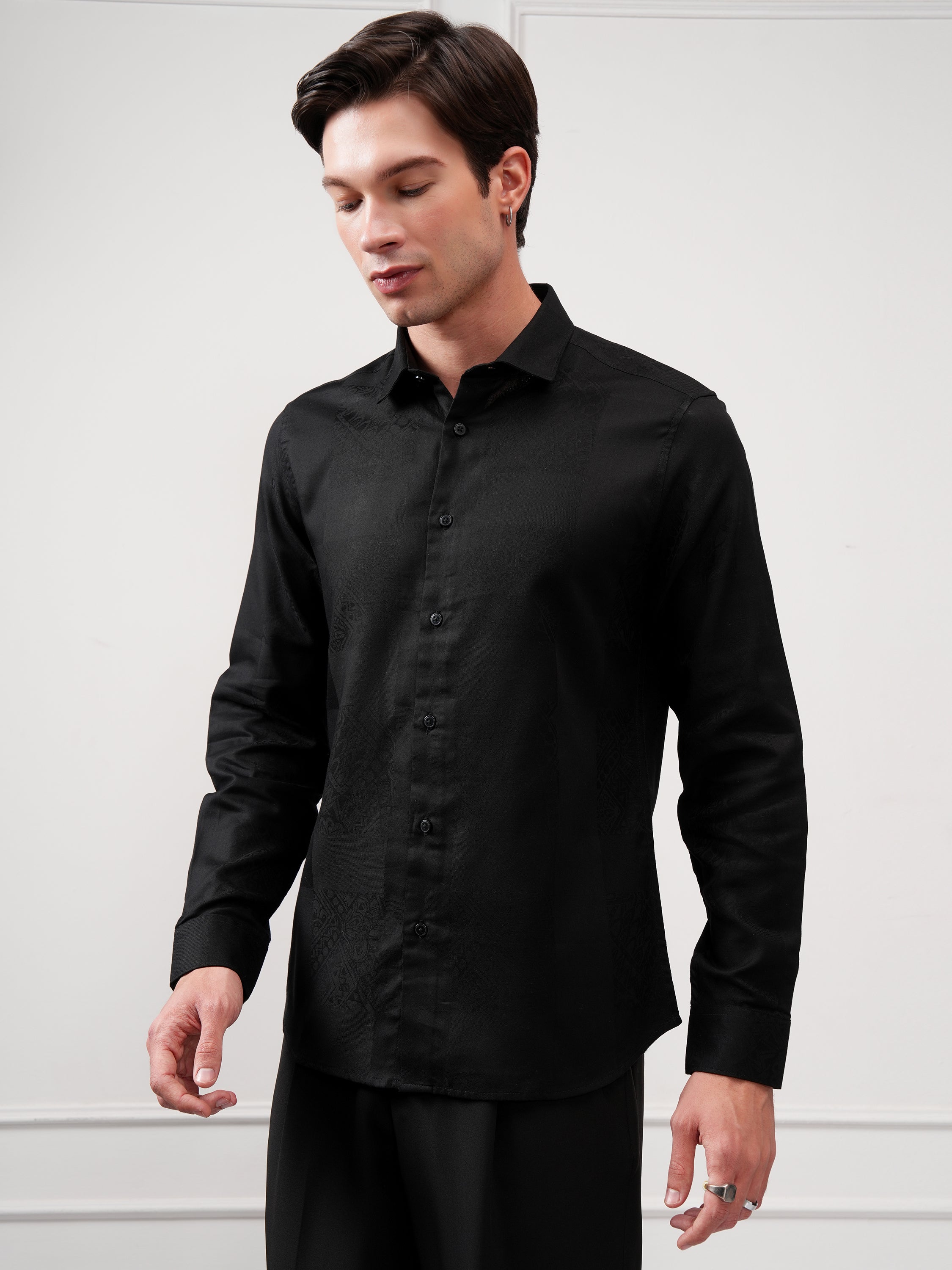 Highlander Men Black Self Design Slim Fit Casual Shirt - Black - Image 4
