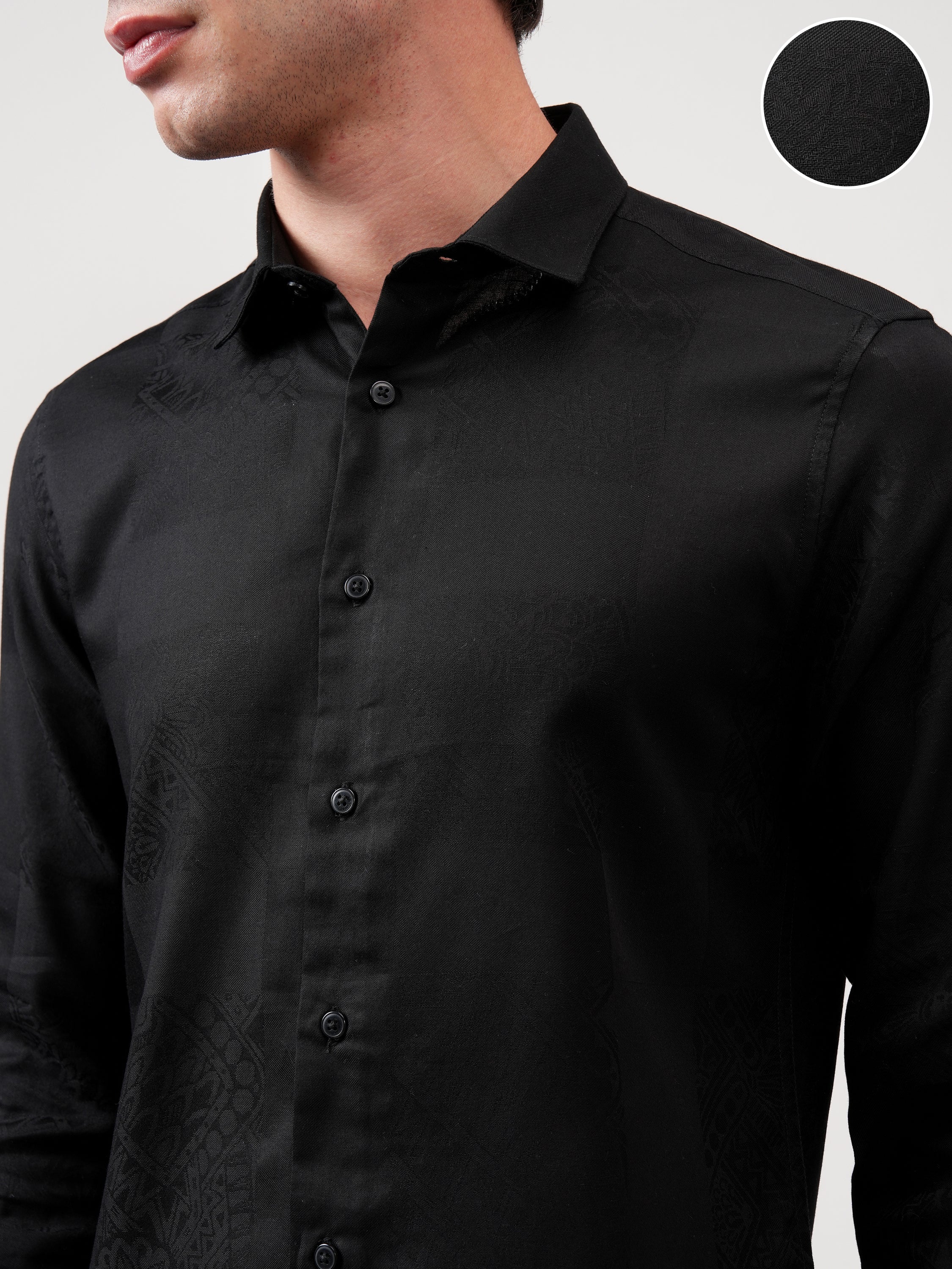 Highlander Men Black Self Design Slim Fit Casual Shirt - Black - Image 5