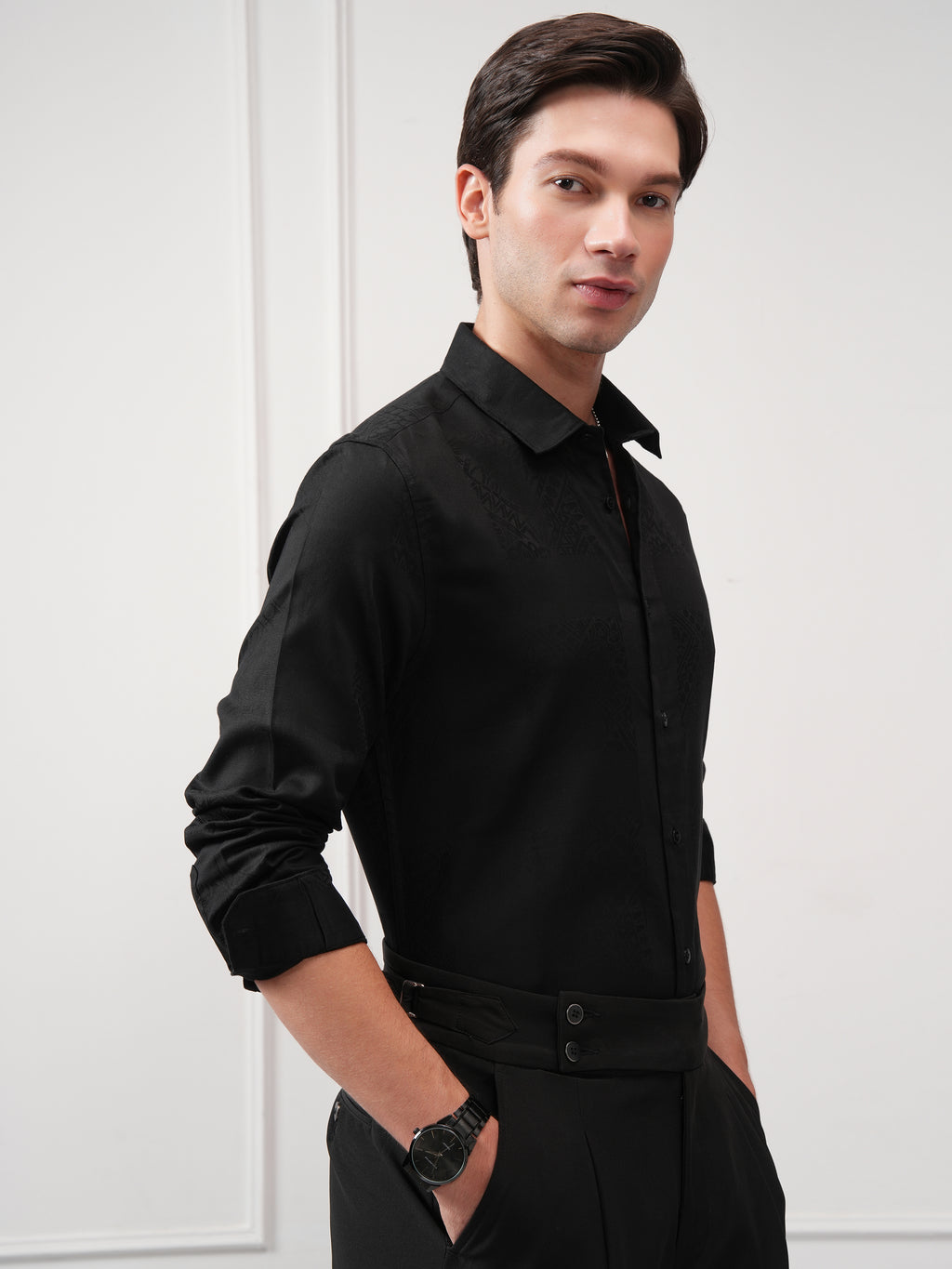 Highlander Men Black Self Design Slim Fit Casual Shirt - Black - Image 6