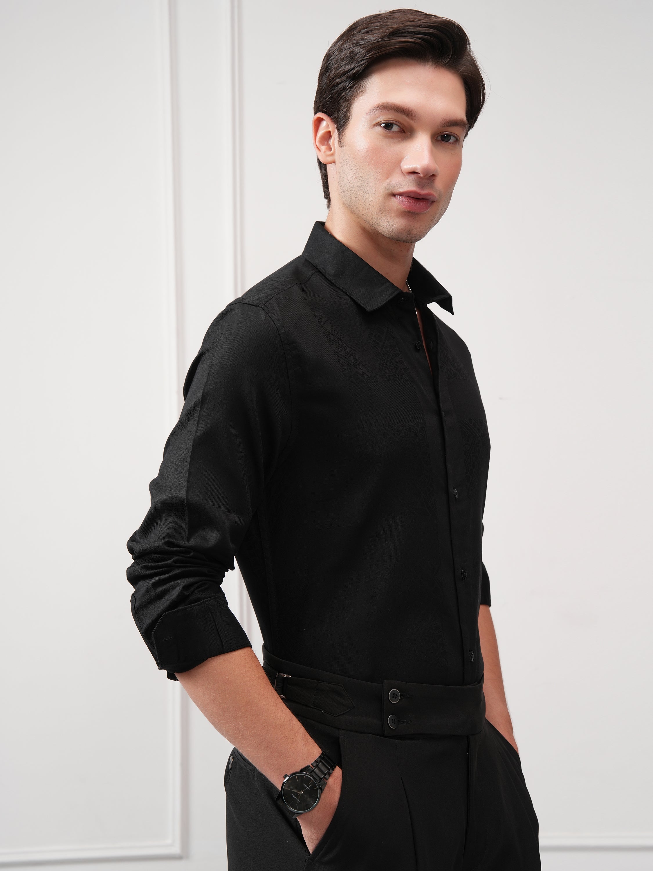 Highlander Men Black Self Design Slim Fit Casual Shirt - Black - Image 6