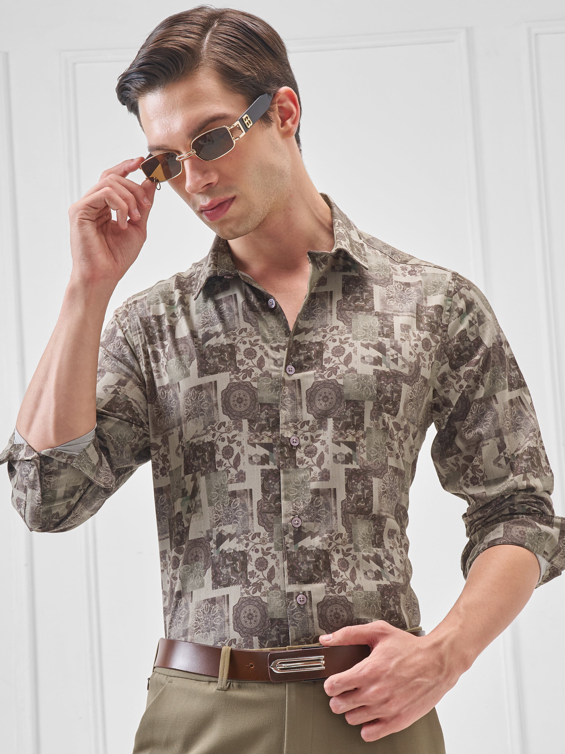 Highlander Men Beige Printed Slim Fit Casual Shirt - Beige - Image 1