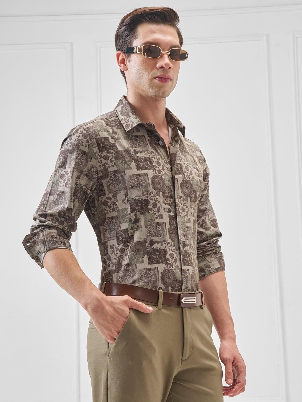 Highlander Men Beige Printed Slim Fit Casual Shirt - Beige - Image 6