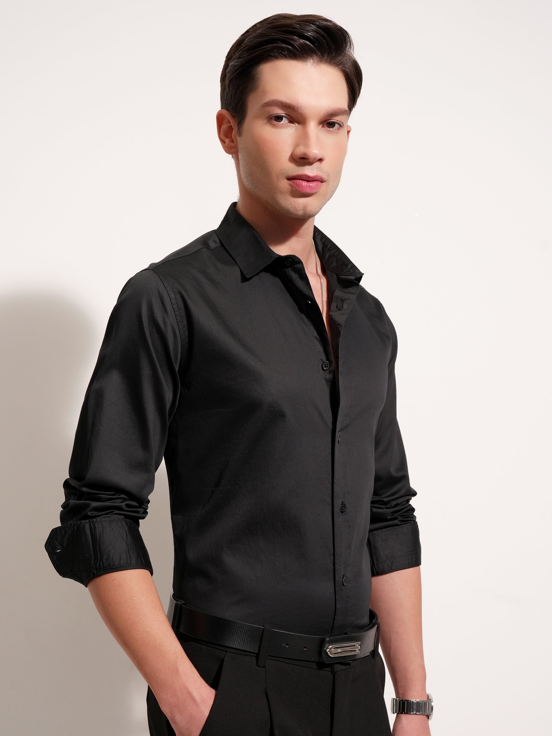 Highlander Men Black Solid Slim Fit Casual Shirt - Black - Image 6