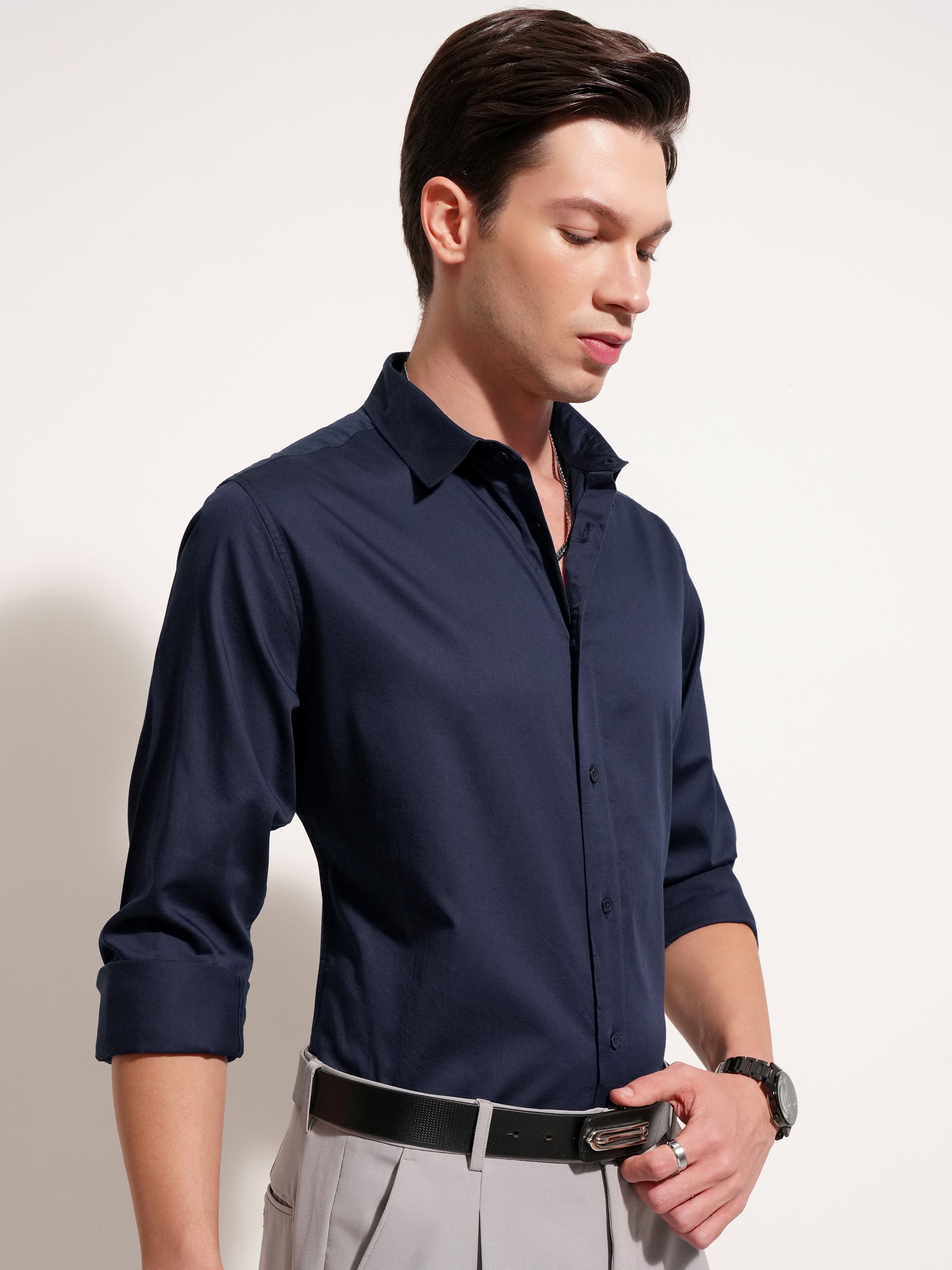Highlander Men Navy Blue Solid Slim Fit Casual Shirt - Navy Blue - Image 6