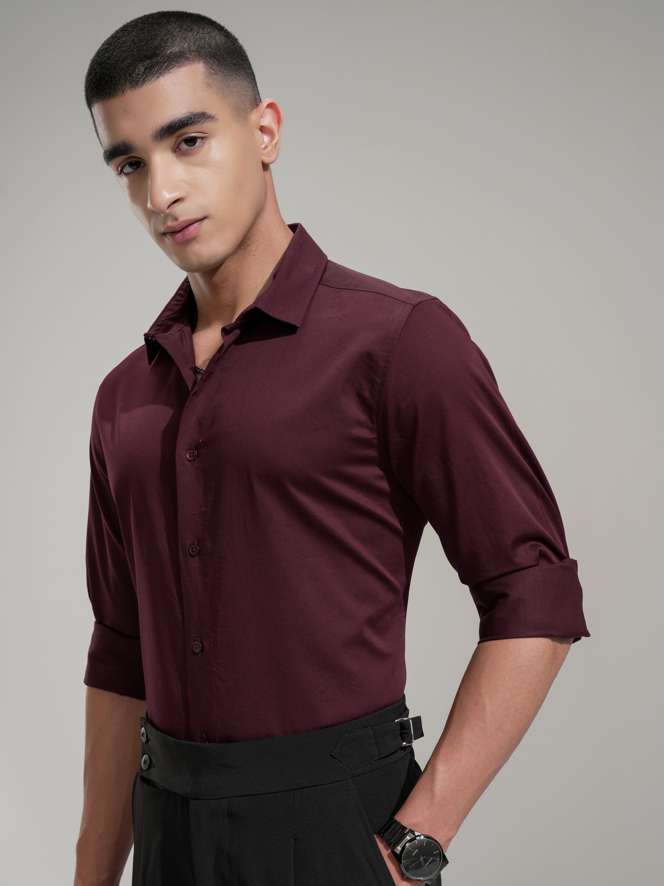 Highlander Men Maroon Solid Slim Fit Casual Shirt - Maroon - Image 4