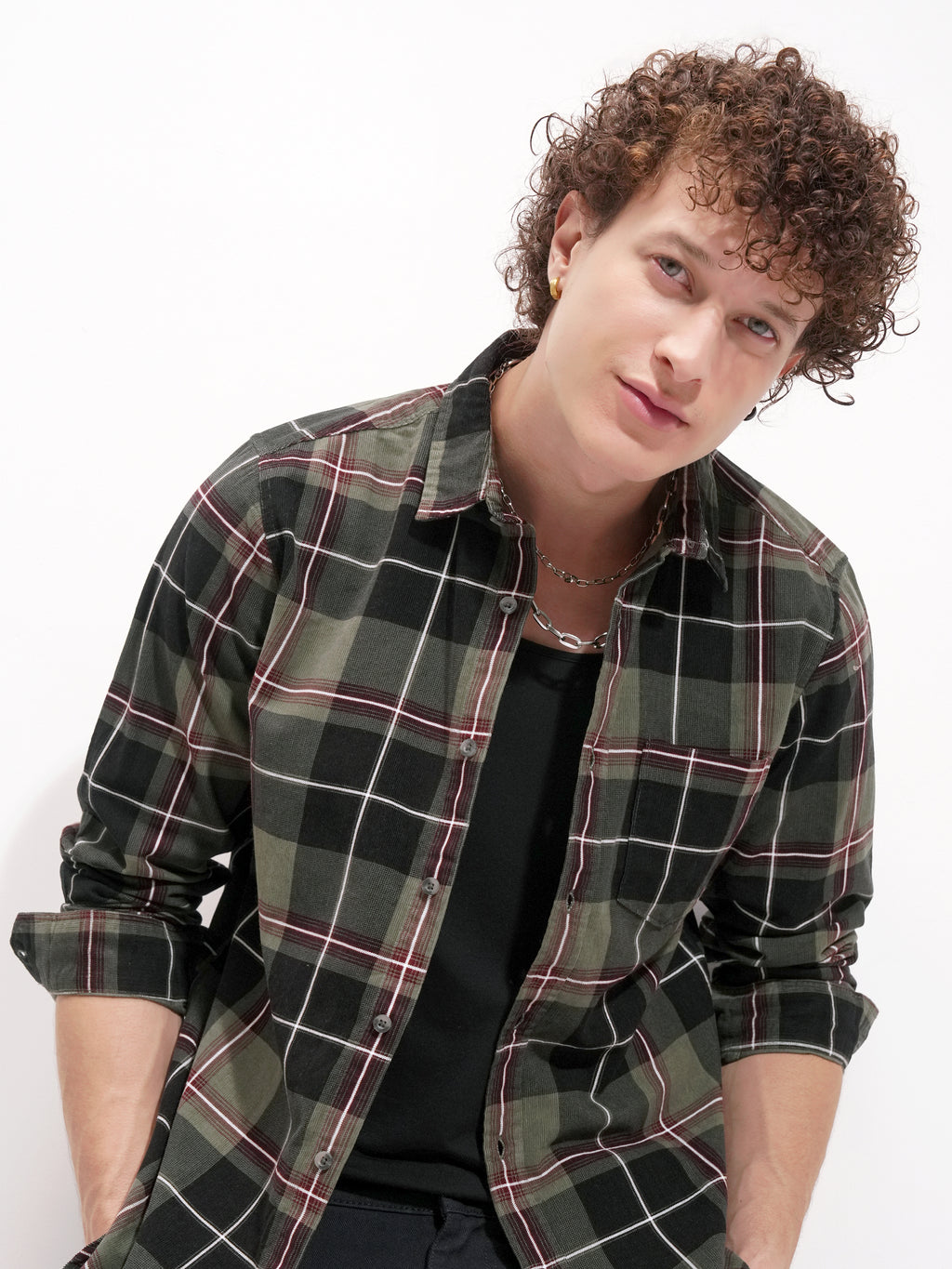 Highlander Men Olive Checked Slim Fit Casual Shirt - Olive - Image 1