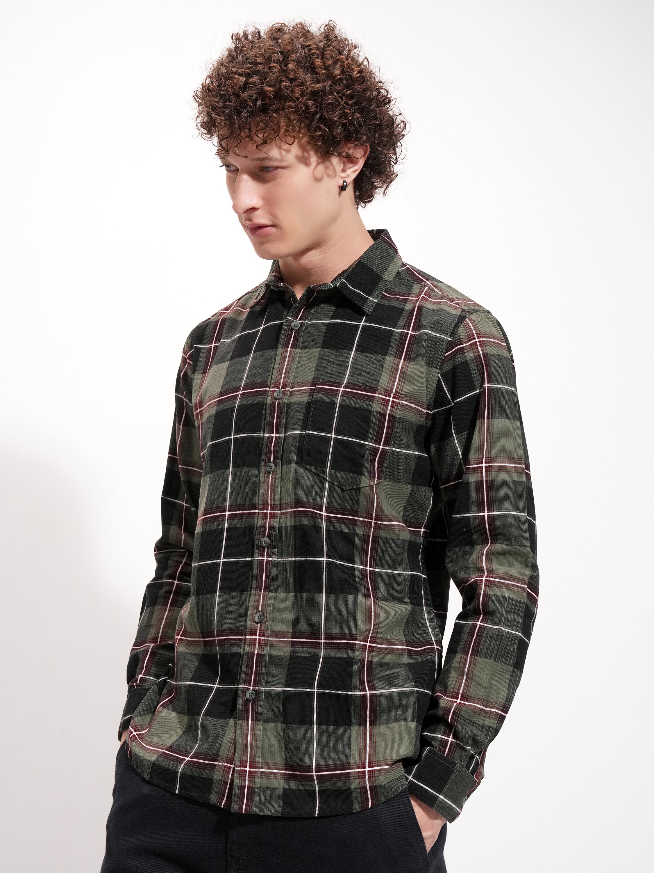 Highlander Men Olive Checked Slim Fit Casual Shirt - Olive - Image 4