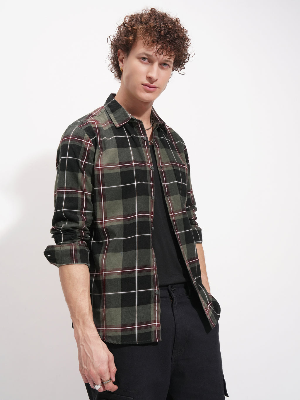 Highlander Men Olive Checked Slim Fit Casual Shirt - Olive - Image 6