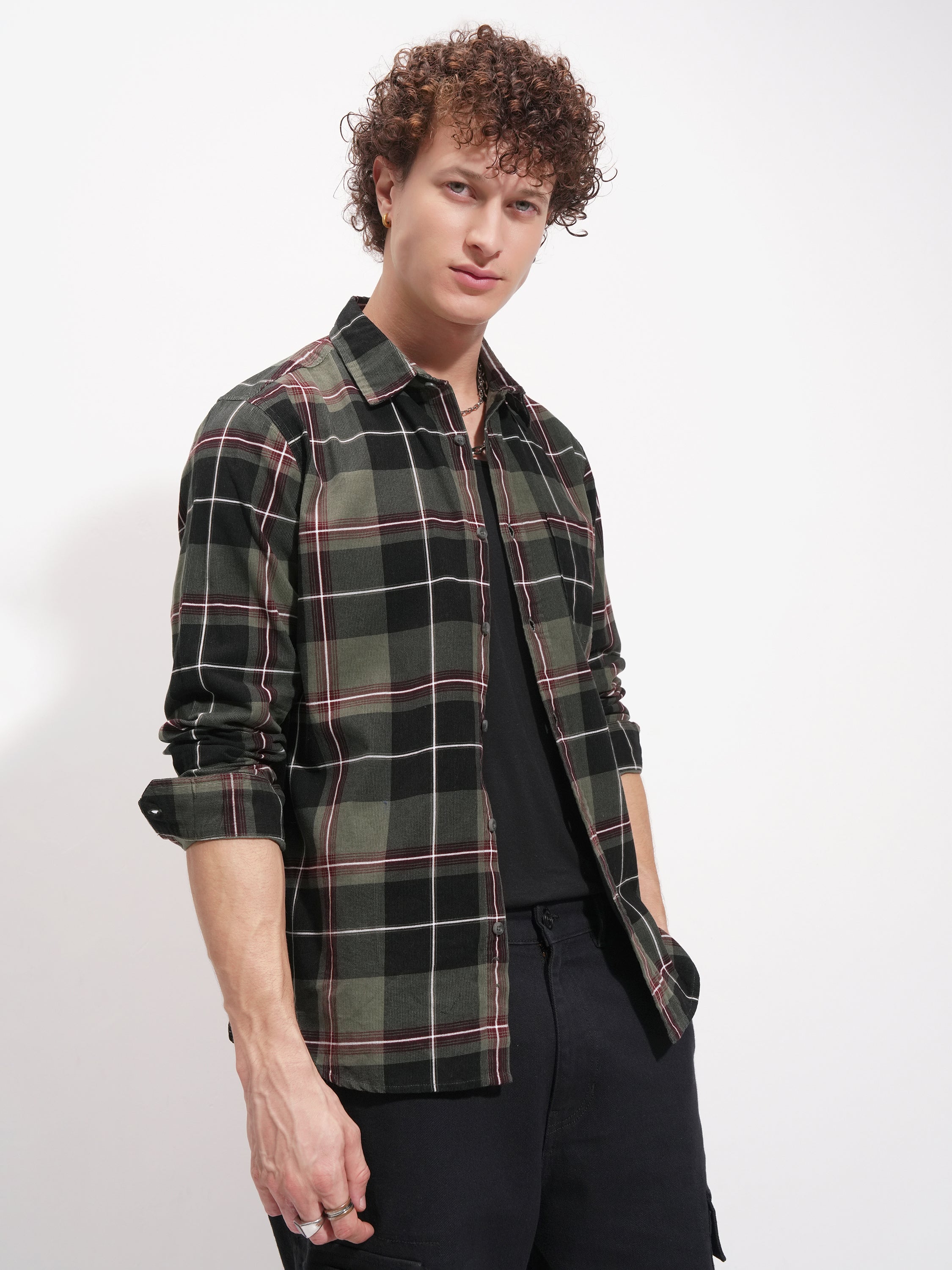 Highlander Men Olive Checked Slim Fit Casual Shirt - Olive - Image 6