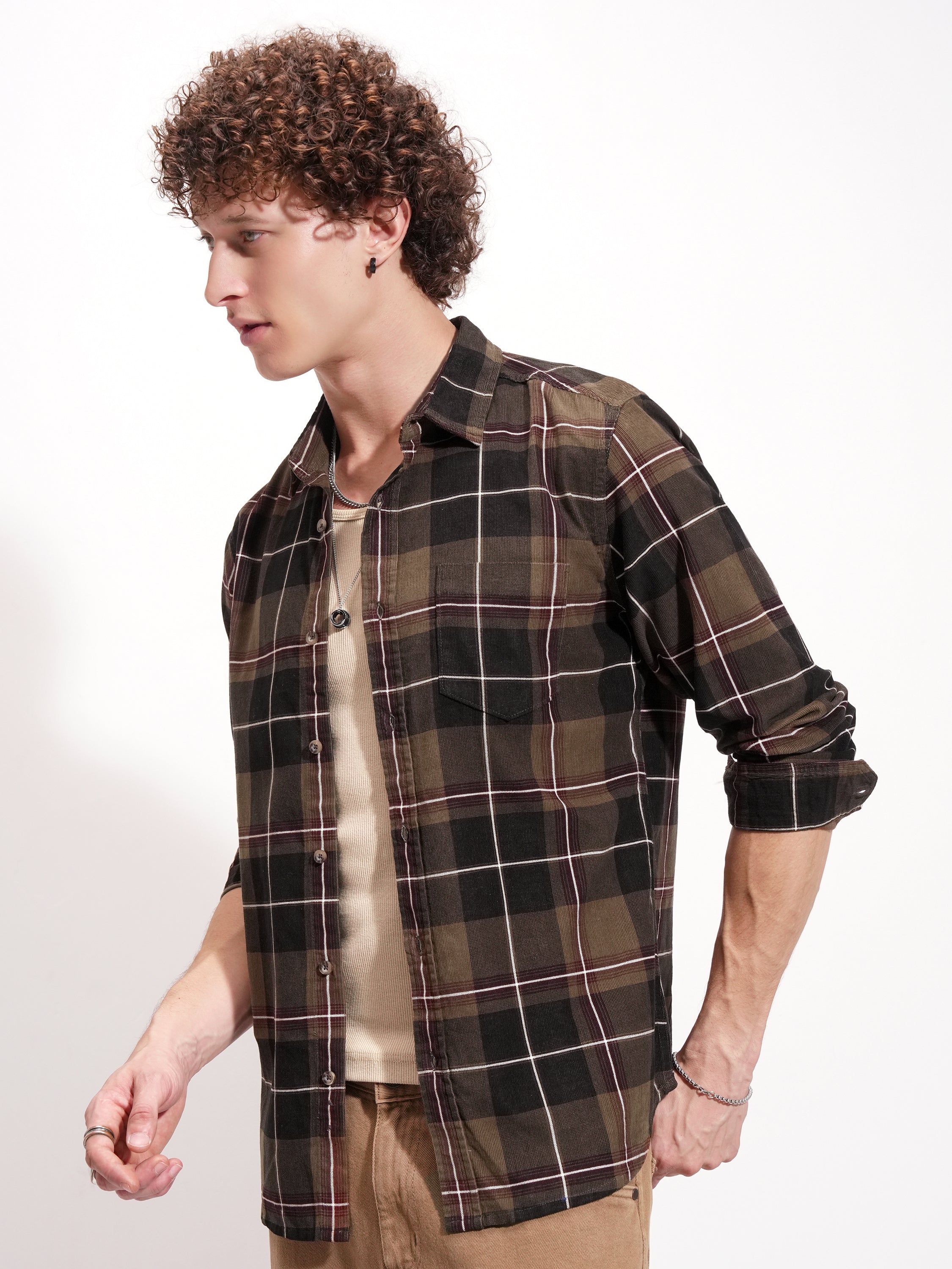 Highlander Men Mustard Checked Slim Fit Casual Shirt - Mustard - Image 4