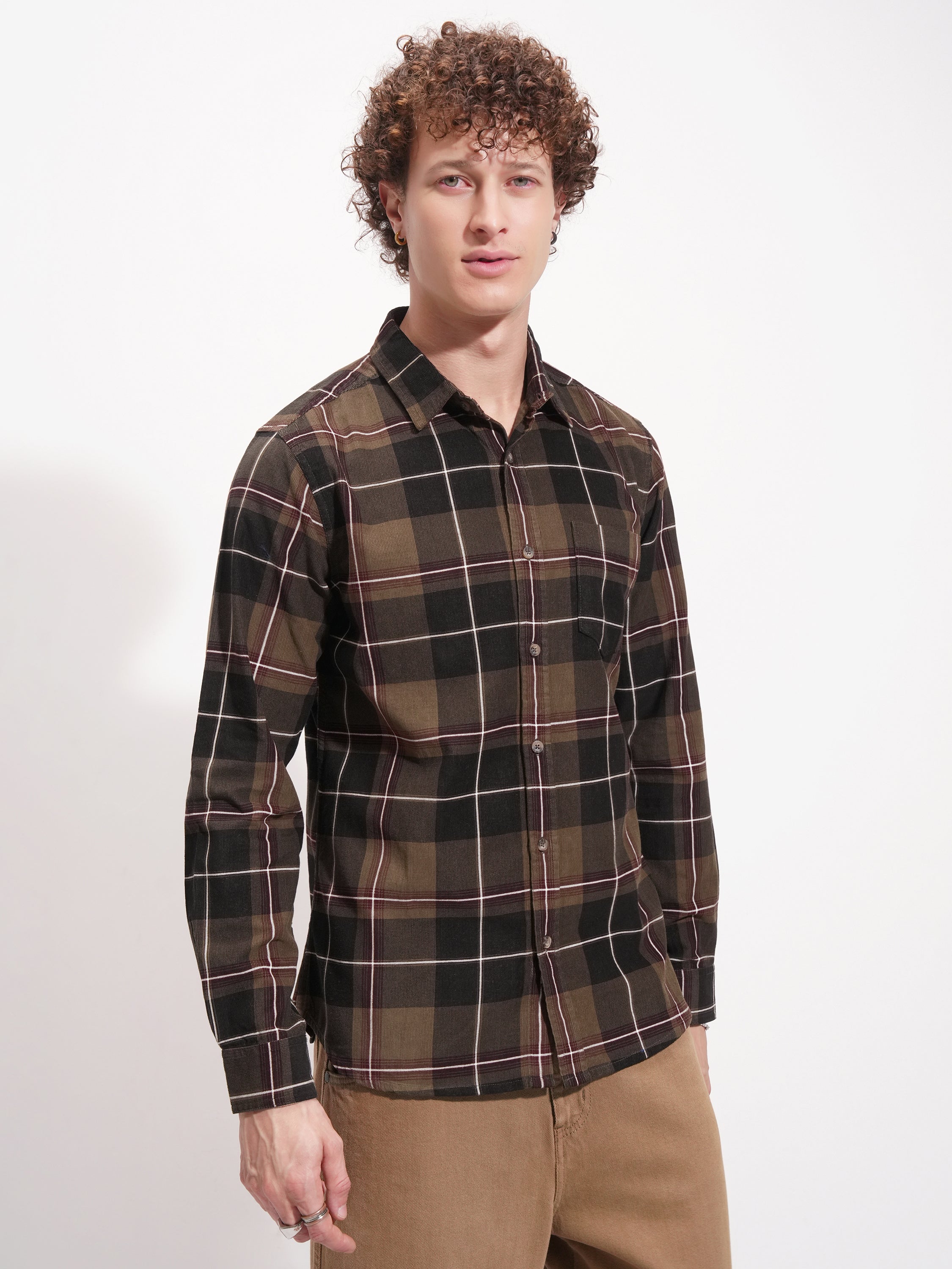 Highlander Men Mustard Checked Slim Fit Casual Shirt - Mustard - Image 6