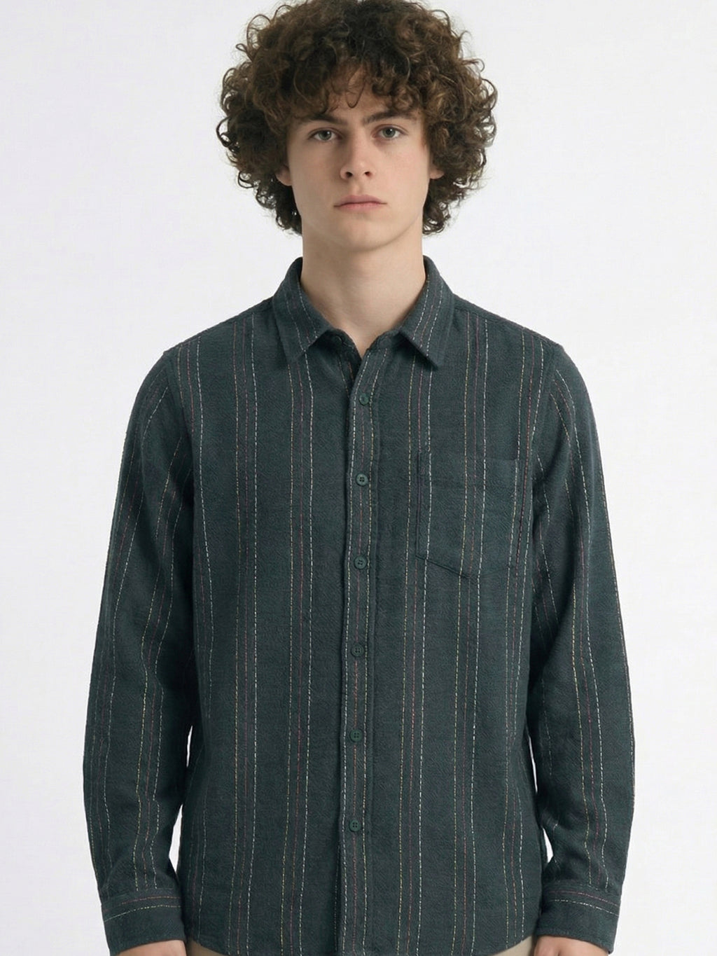 Highlander Men Green Striped Slim Fit Casual Shirt - Green - Image 1