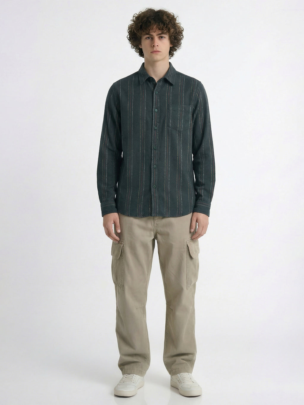 Highlander Men Green Striped Slim Fit Casual Shirt - Green - Image 2