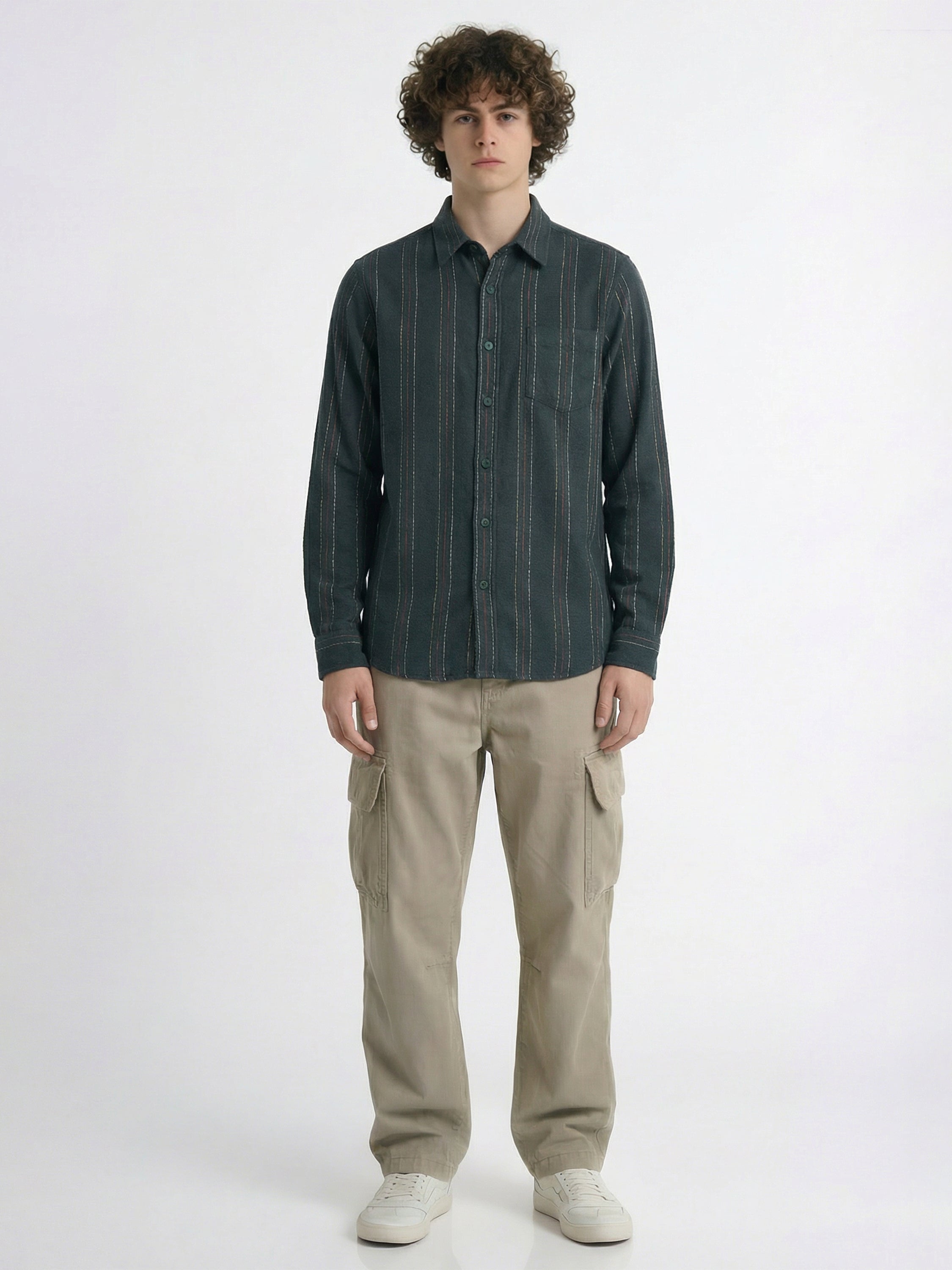 Highlander Men Green Striped Slim Fit Casual Shirt - Green - Image 2