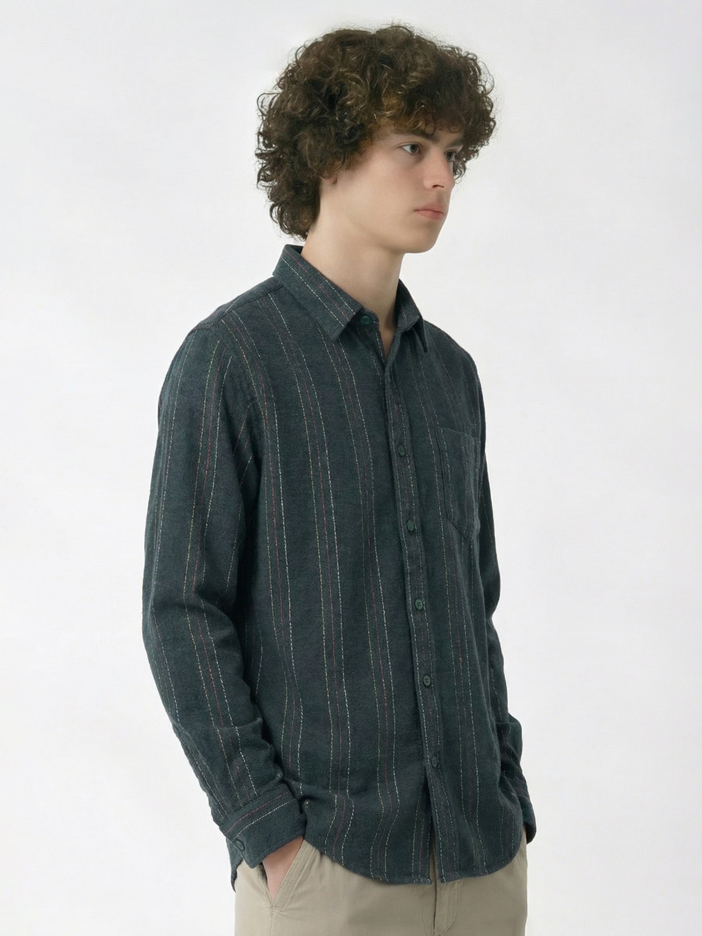 Highlander Men Green Striped Slim Fit Casual Shirt - Green - Image 6