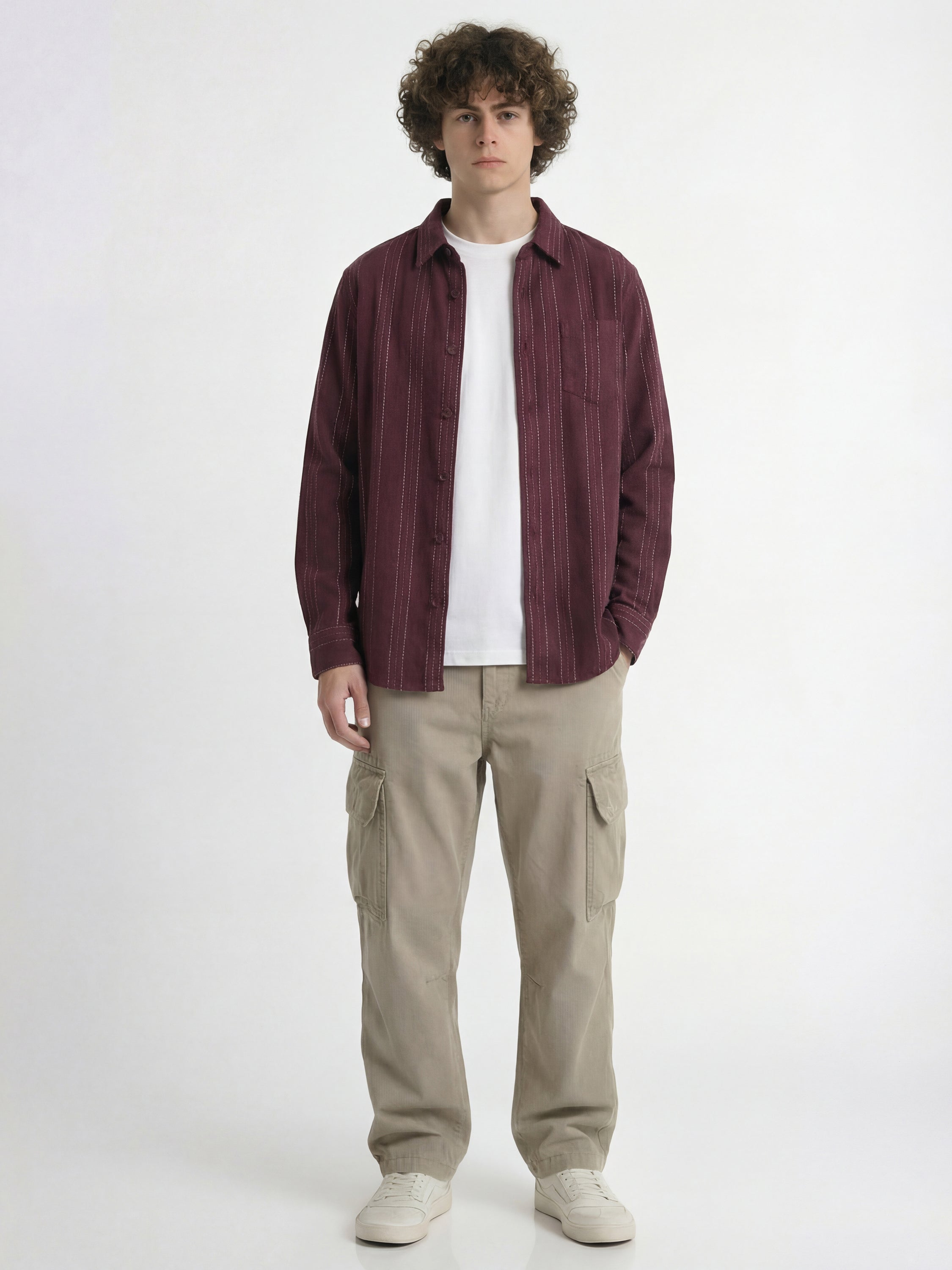 Highlander Men Maroon Striped Slim Fit Casual Shirt - Maroon - Image 2