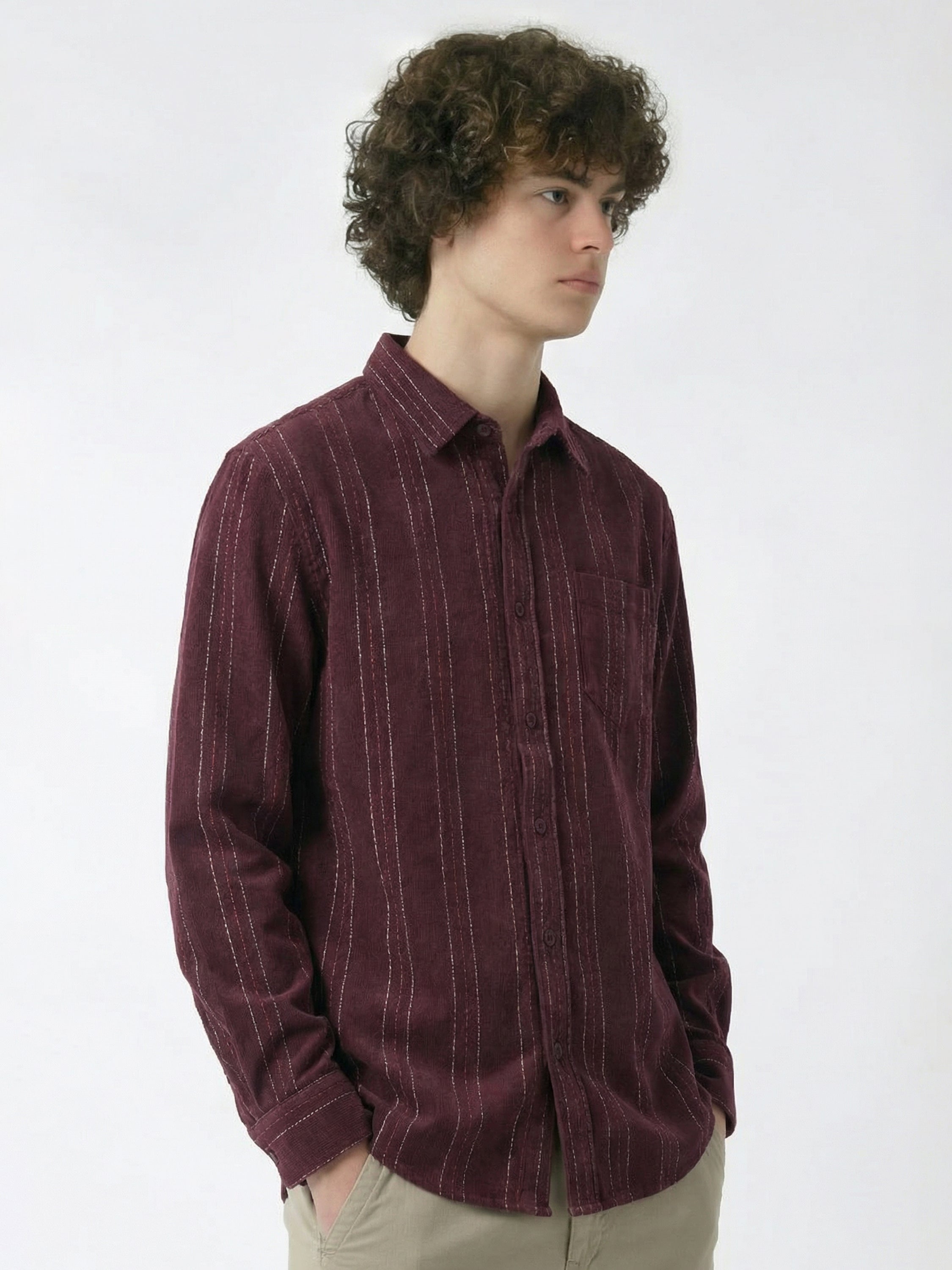 Highlander Men Maroon Striped Slim Fit Casual Shirt - Maroon - Image 6