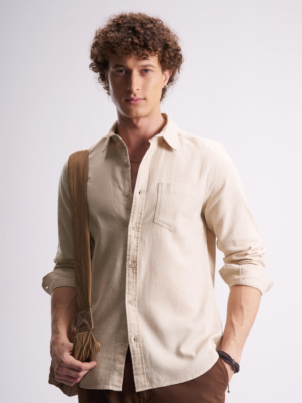 Highlander Men Beige Self Design Slim Fit Casual Shirt - Beige - Image 1