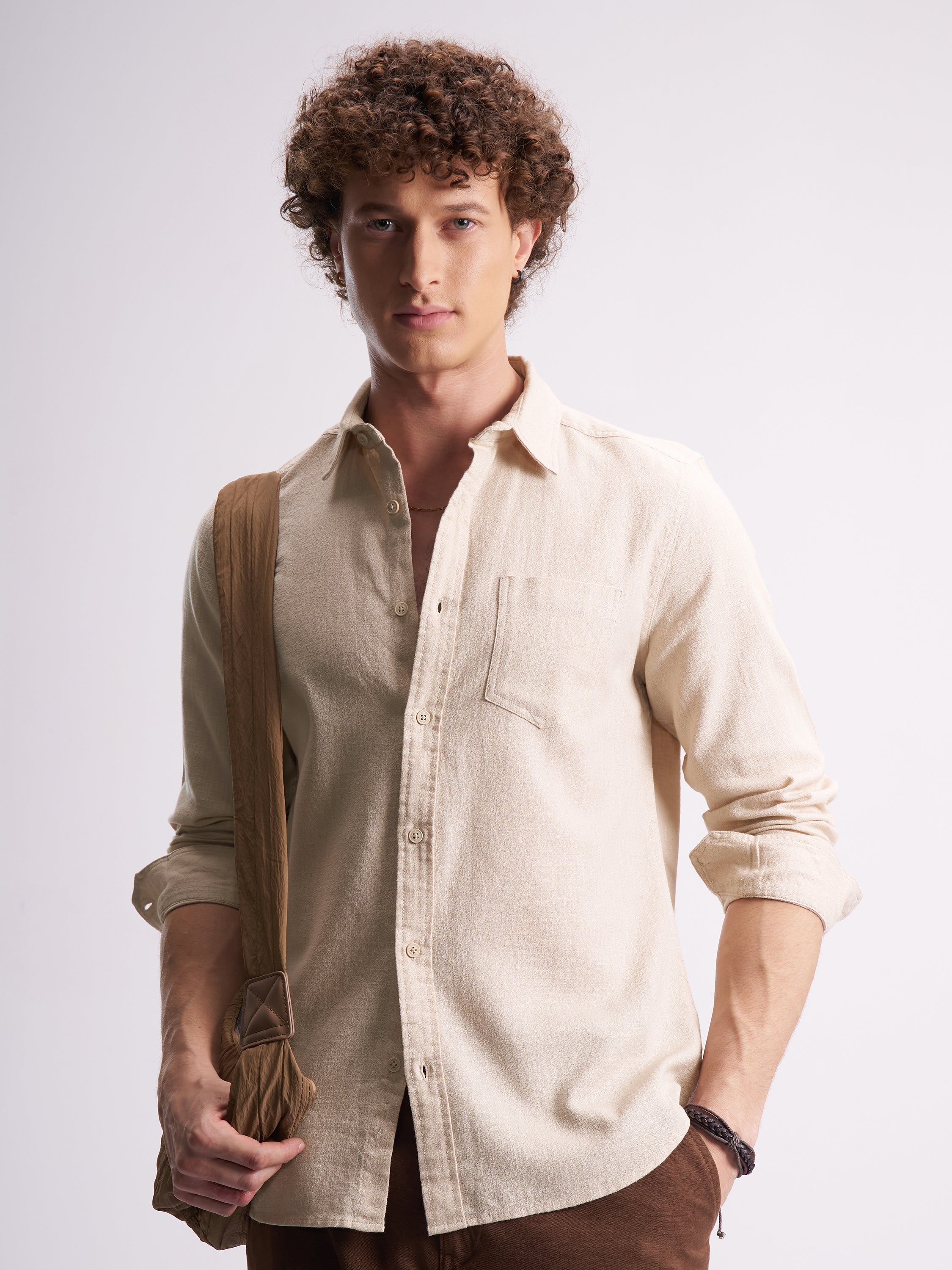Highlander Men Beige Self Design Slim Fit Casual Shirt - Beige - Image 1