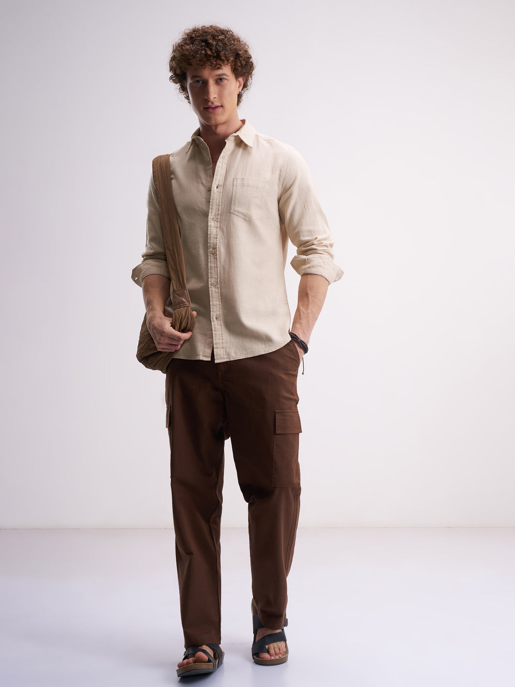 Highlander Men Beige Self Design Slim Fit Casual Shirt - Beige - Image 2