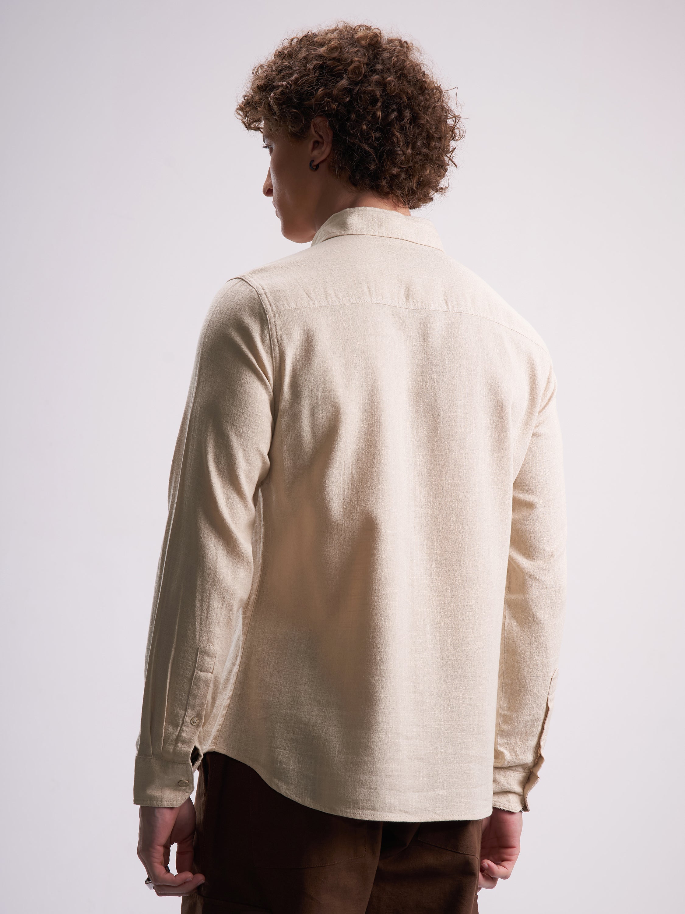Highlander Men Beige Self Design Slim Fit Casual Shirt - Beige - Image 3