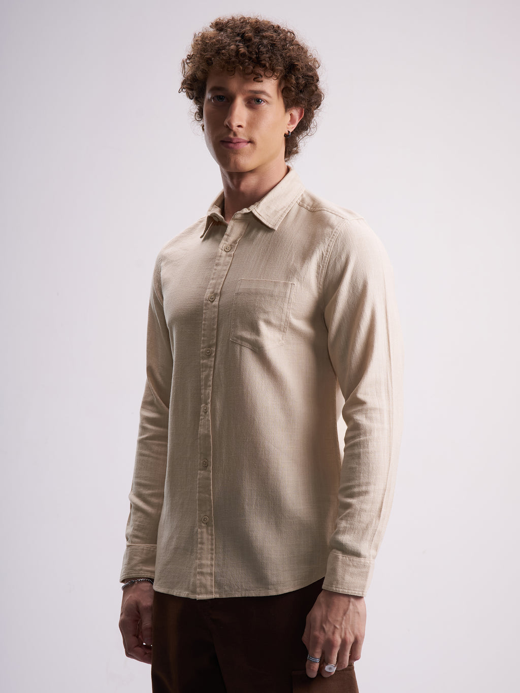 Highlander Men Beige Self Design Slim Fit Casual Shirt - Beige - Image 4