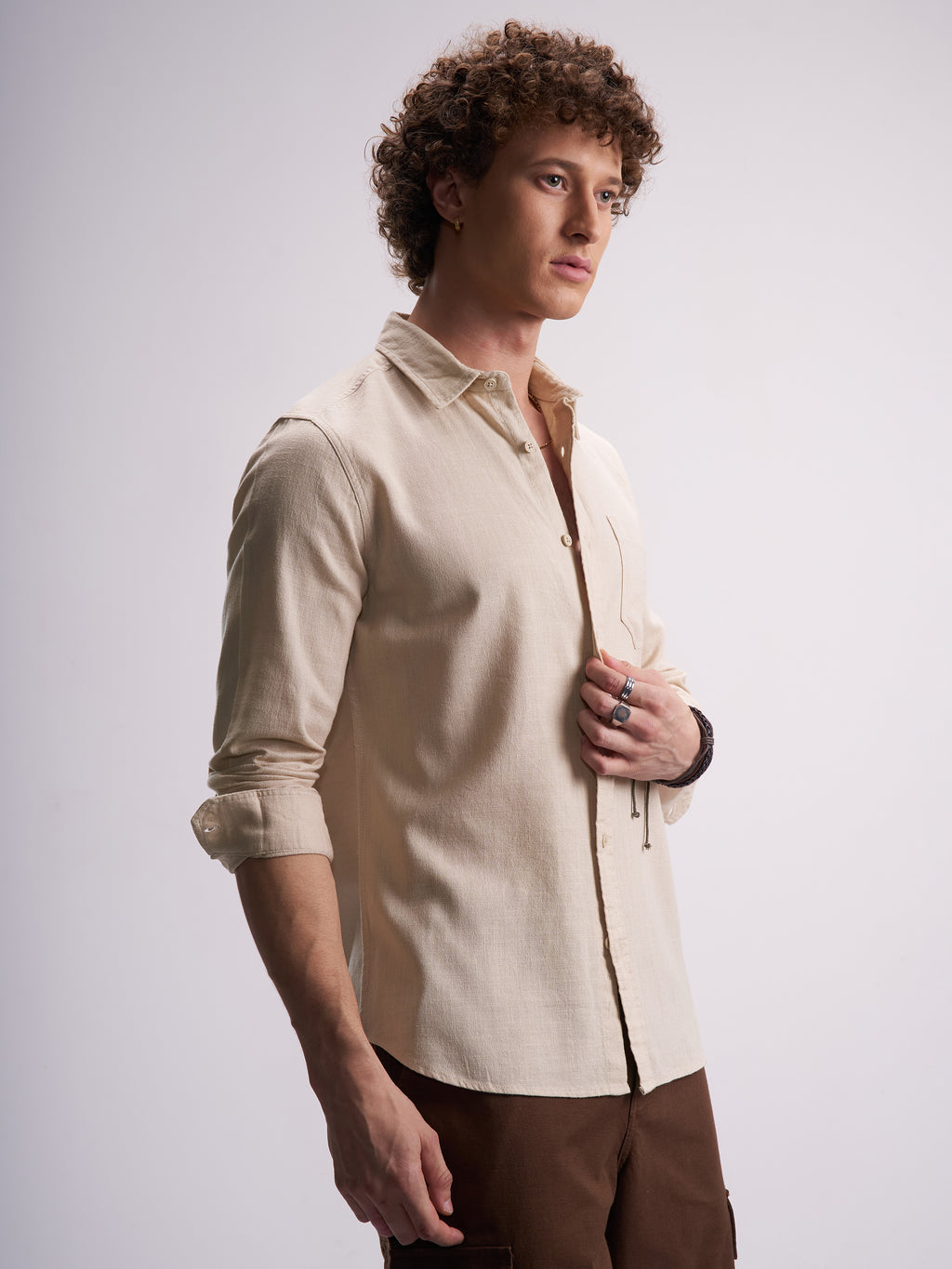 Highlander Men Beige Self Design Slim Fit Casual Shirt - Beige - Image 6