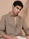 Highlander Men Khaki Self Design Slim Fit Casual Shirt - Khaki - Image 1