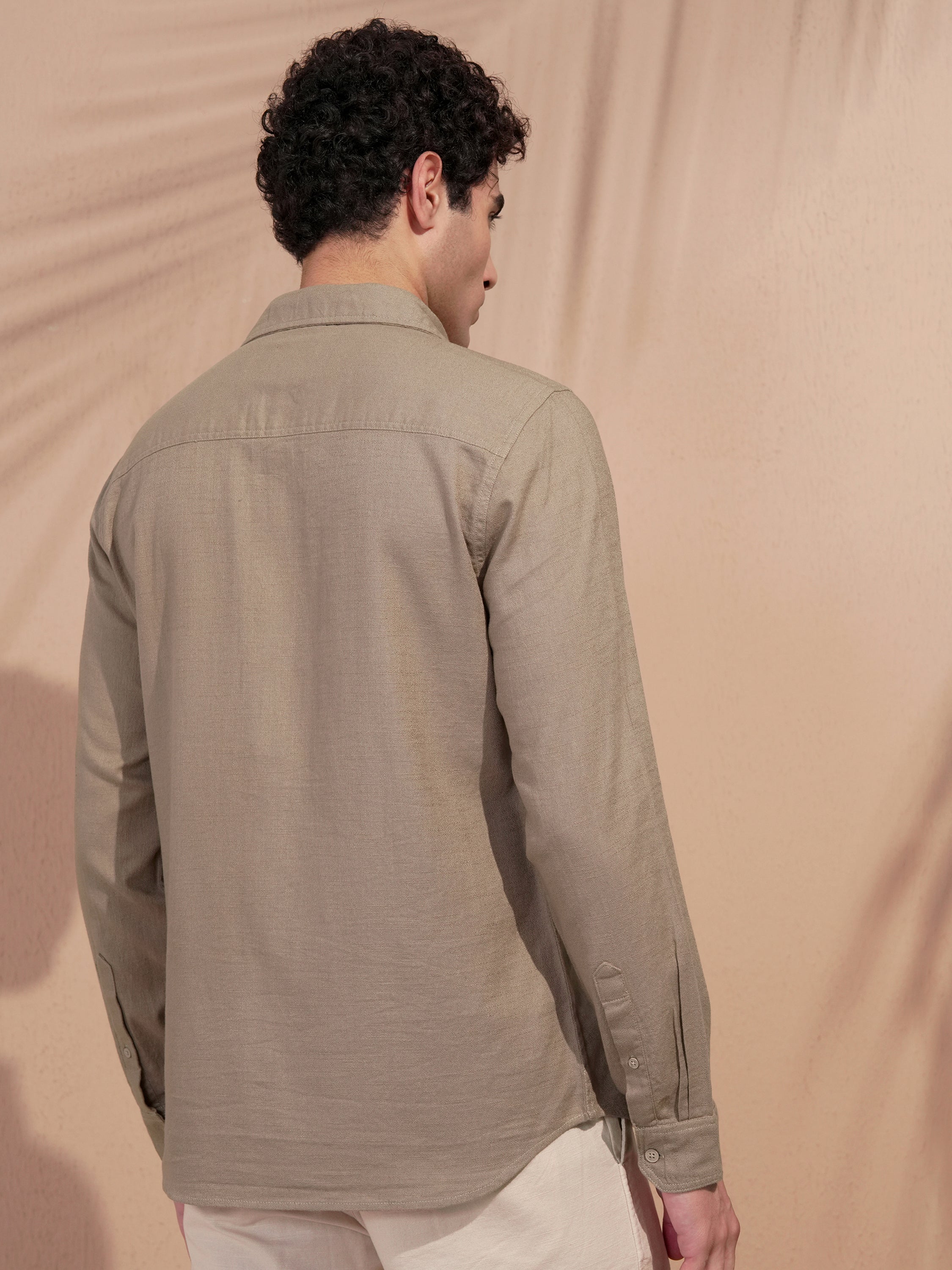 Highlander Men Khaki Self Design Slim Fit Casual Shirt - Khaki - Image 3